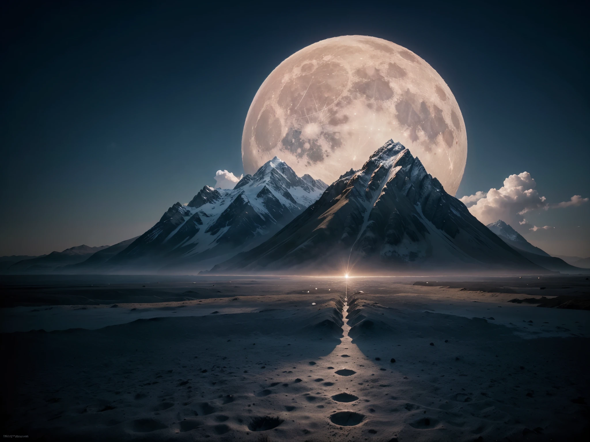 The image is a digital painting set against a mystical landscape. The scene is dominated by a massive, pale moon or celestial body that fills the sky, radiating soft light. This moon appears to be close to the viewer, as its surface shows subtle spots or 