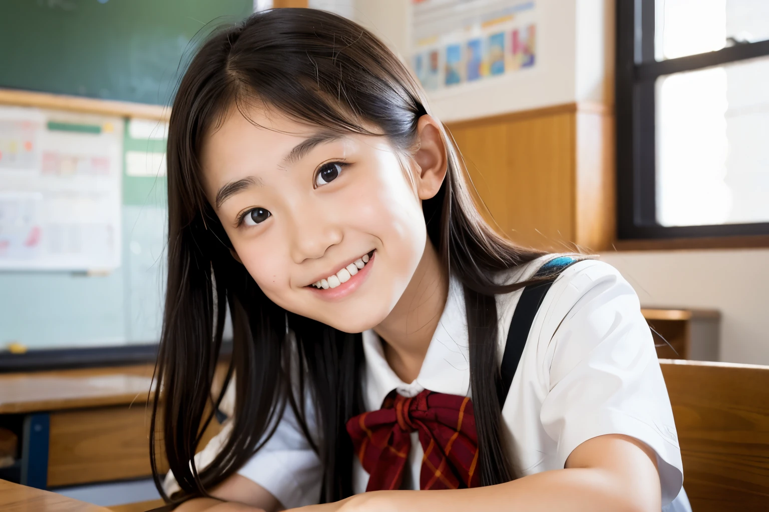 lens: 135mm f1.8, (highest quality),(RAW Photos), (Tabletop:1.1), (Beautiful 13 year old Japanese girl), Cute Face, (Deeply chiseled face:0.7), (freckles:0.4), Speckled sunlight, Dramatic lighting, (uniform), (In the classroom), shy, (Close-up shot:1.2), (smile)