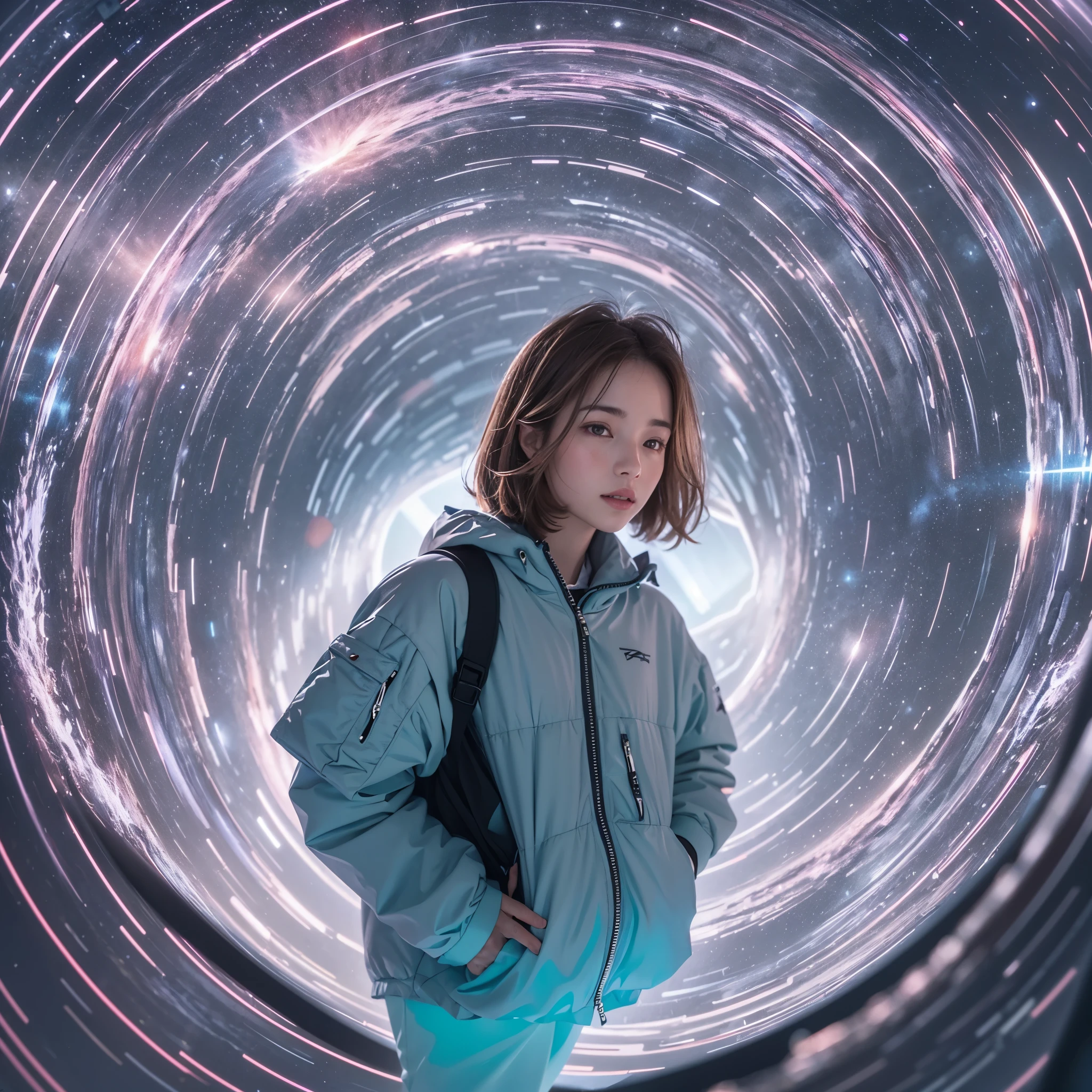 Best quality,masterpiece,16k,Artistic,Polar coordinates luminous tunnel,In the curved space-time channel,In the space-time wormhole,Science Fiction,Complex structure,1girl,Dynamic poses,Looking at the camera,