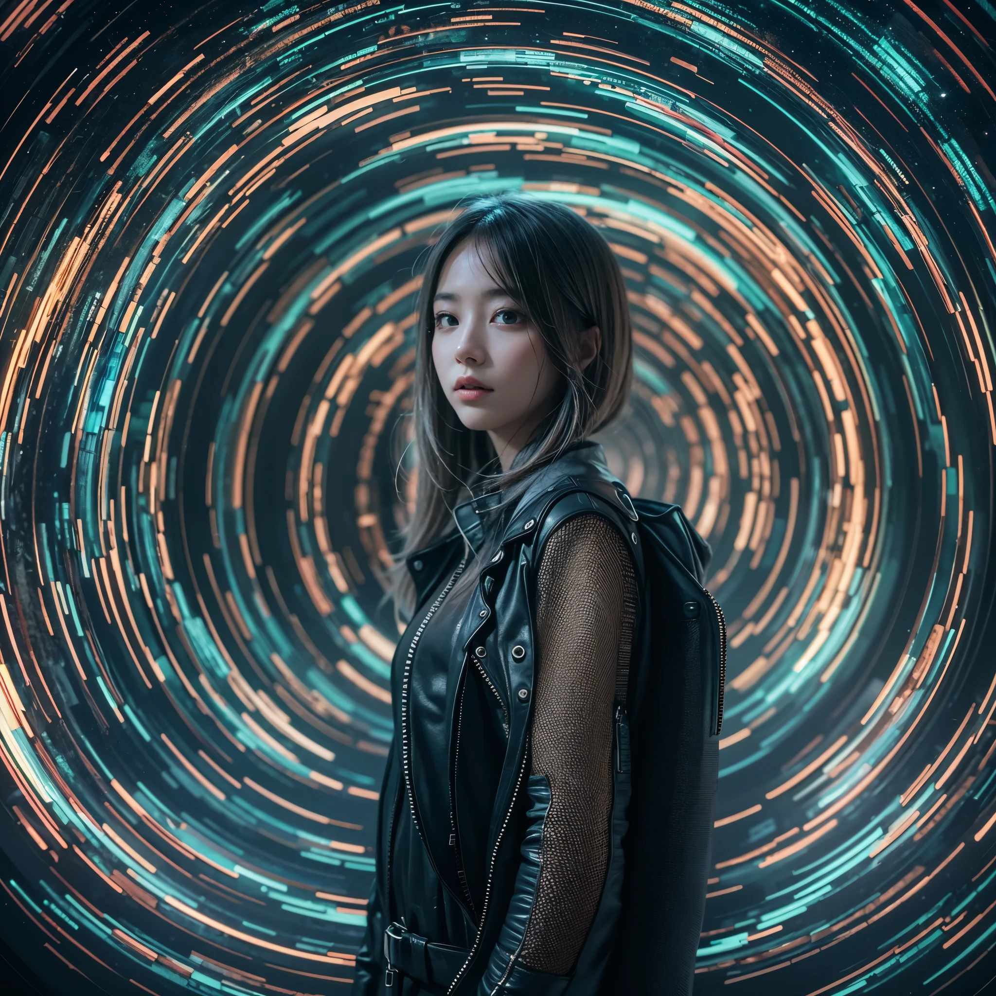 Best quality,masterpiece,16k,Artistic,In the curved tunnel,A tunnel surrounded by flames,Futuristic,Fantasy Tunnel,Complex structure,1girl,Dynamic poses,Looking at the camera,Girl being chased by monster