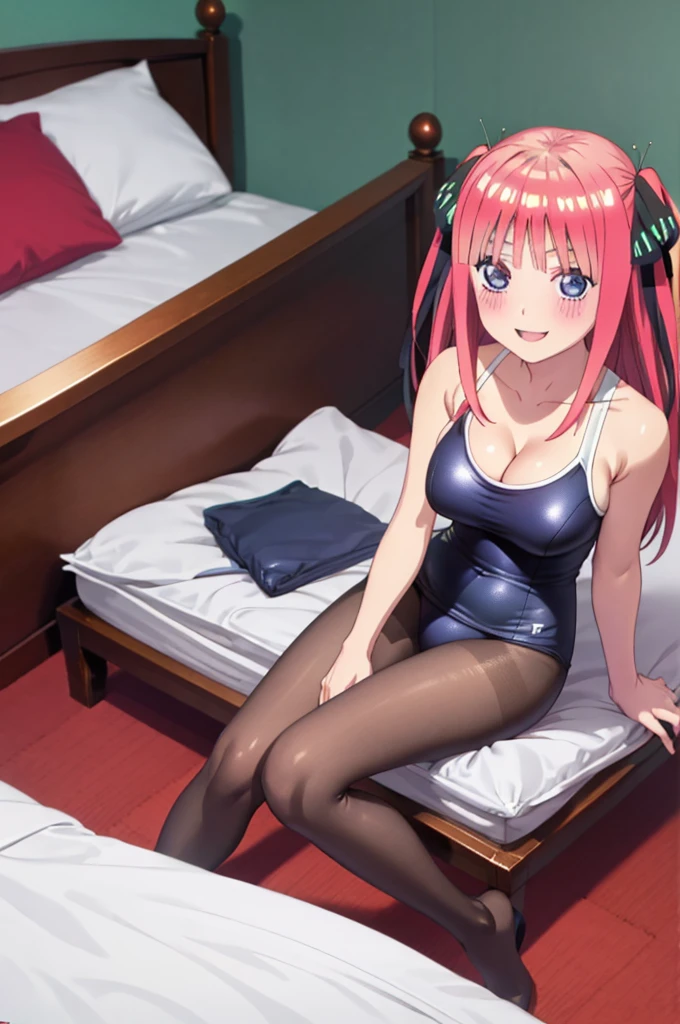 best quality, ultra-detailed masterpiece, nino nakano, one-piece swimsuit, breasts, pantyhose, blush, smile, cushion, bed room