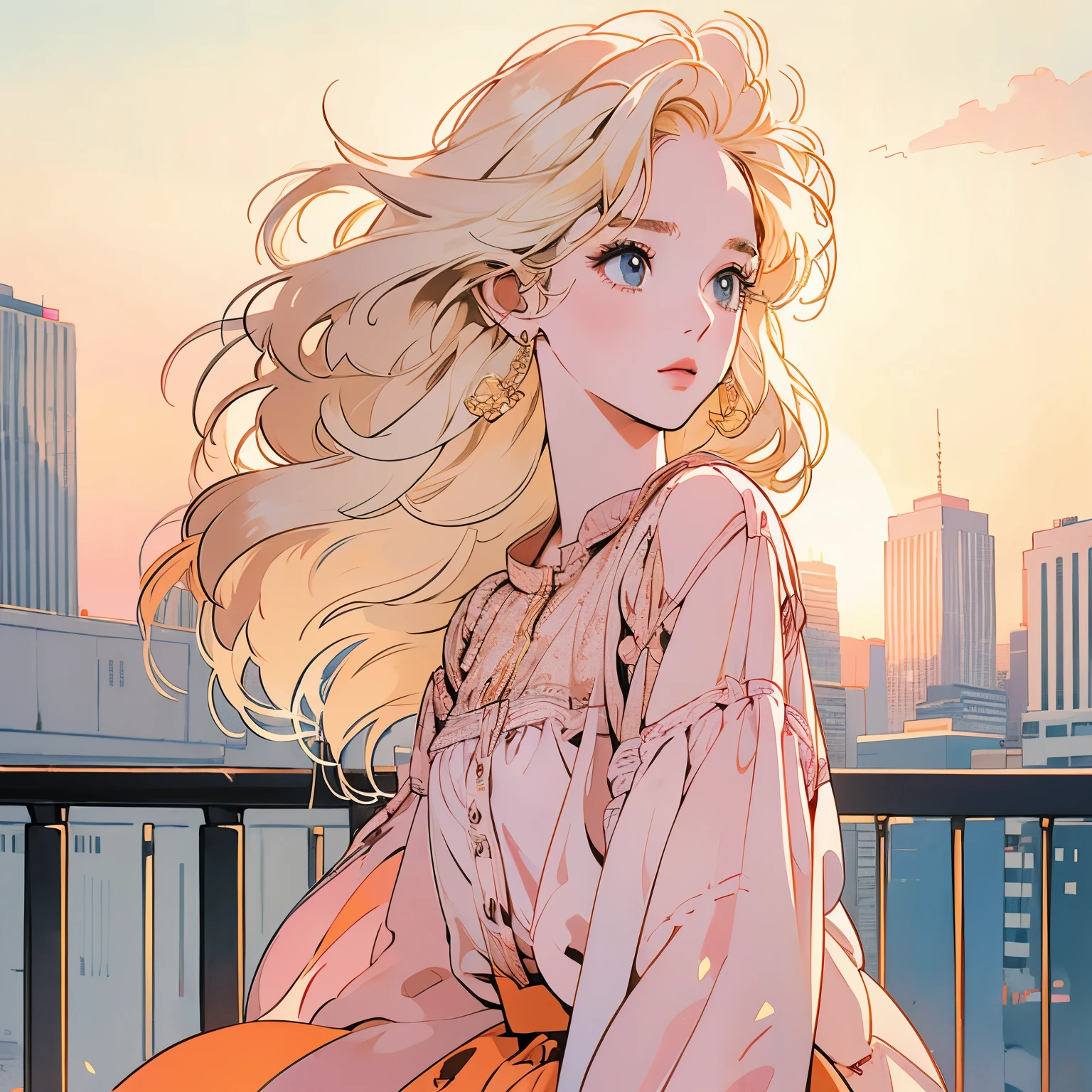 whole body、Kind Face、1 pretty woman、White blouse、Pedestrian bridge、skyscraper、Sunset、Complex background、Detailed Hair、pale golden hair、Faint lighting、There is movement
