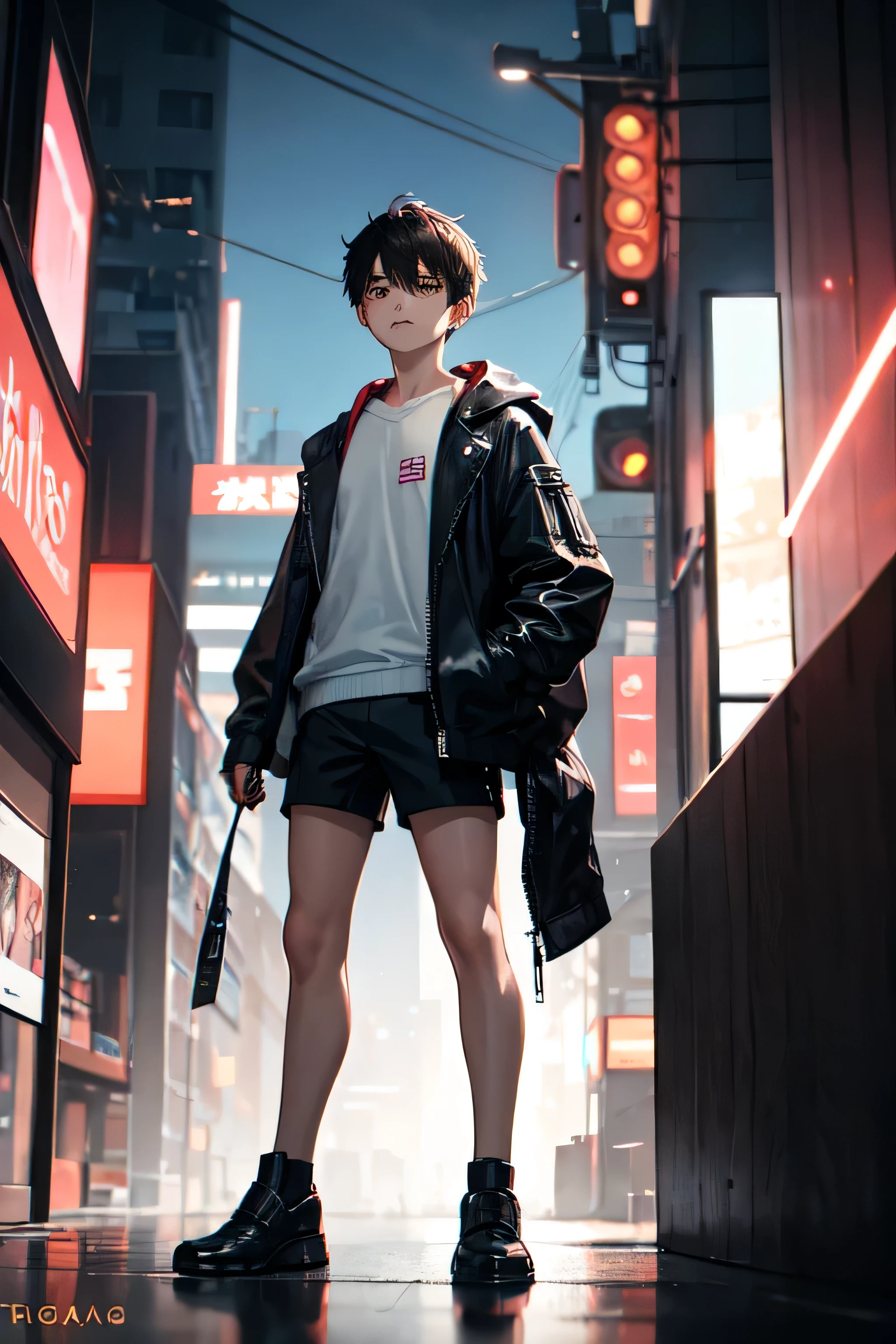 A man/boy, skin litle bit brown asian skin, small head, oval asian tepared face, kinda beautiful face, no expression so cold, with sharp shape eye, coma hair litle bit mess, thin, and ear a litlte bit large, age 16, wearing jacket cyberpunk, in midle of night, take picture of her full body, take picture he standing so far at night, he angry, repair the eye