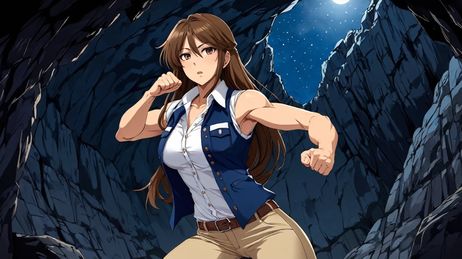 beautiful sexy anime girl with long brown hair & a muscular body, clenching her fists, fight idle pose, wearing white sleeveless button up collared shirt with a blue vest over it & beige khaki pants, inside of a dark cave in a dark night sky, 1girl