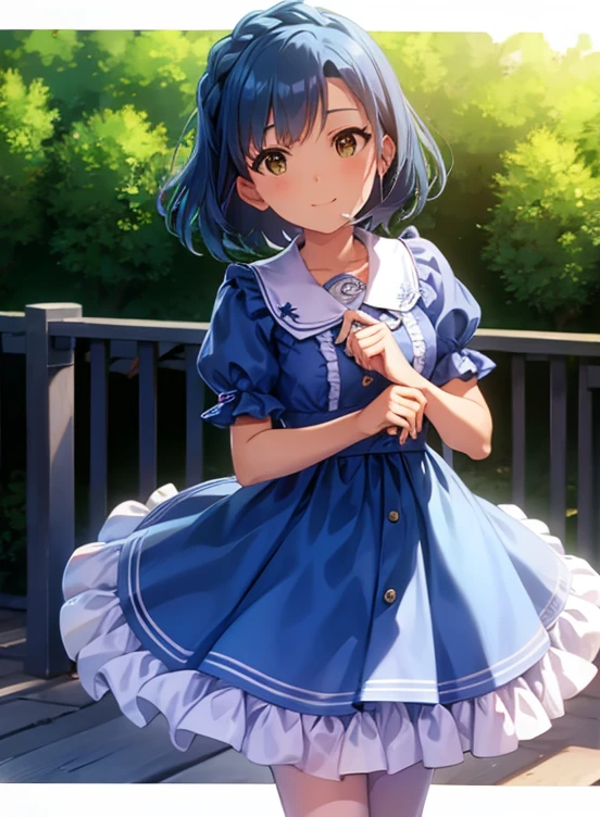 Yuriko did it (A million people live), 1 girl, alone, highest quality, Tabletop, 8k, High resolution, Super detailed, Outdoor、Daytime, Light Smile, Light blue dress, Sailor Color Dress, Short sleeve, Puffy sleeves, Yellow cardigan,