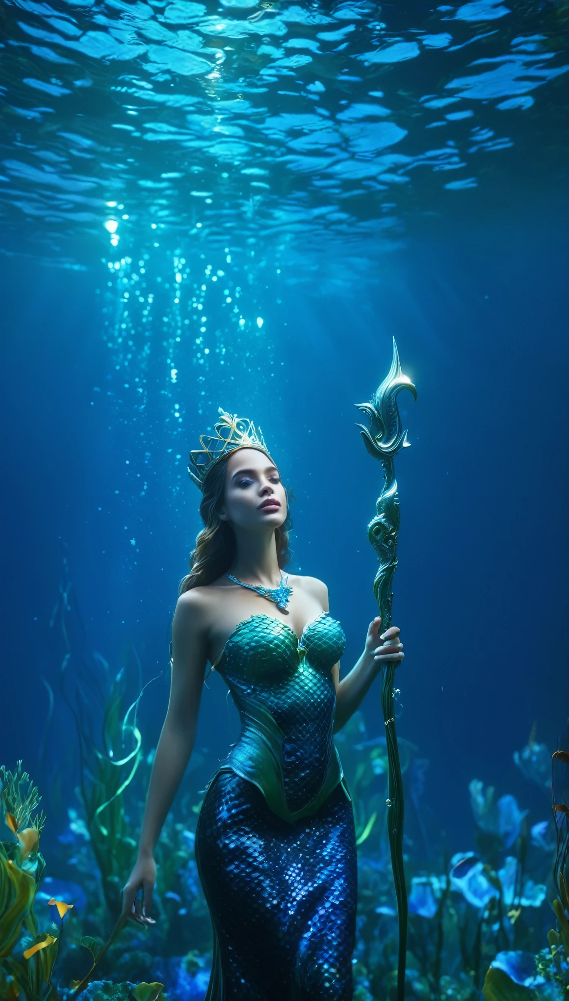 a mermaid, minimalist journey, crown, scepter, half body in water, detailed face and eyes, beautiful detailed lips, extremely detailed facial features, underwater scene, glowing bioluminescent plants, ethereal lighting, serene and tranquil, vibrant colors, cinematic composition, 8k, best quality, photorealistic, hyper detailed, digital painting