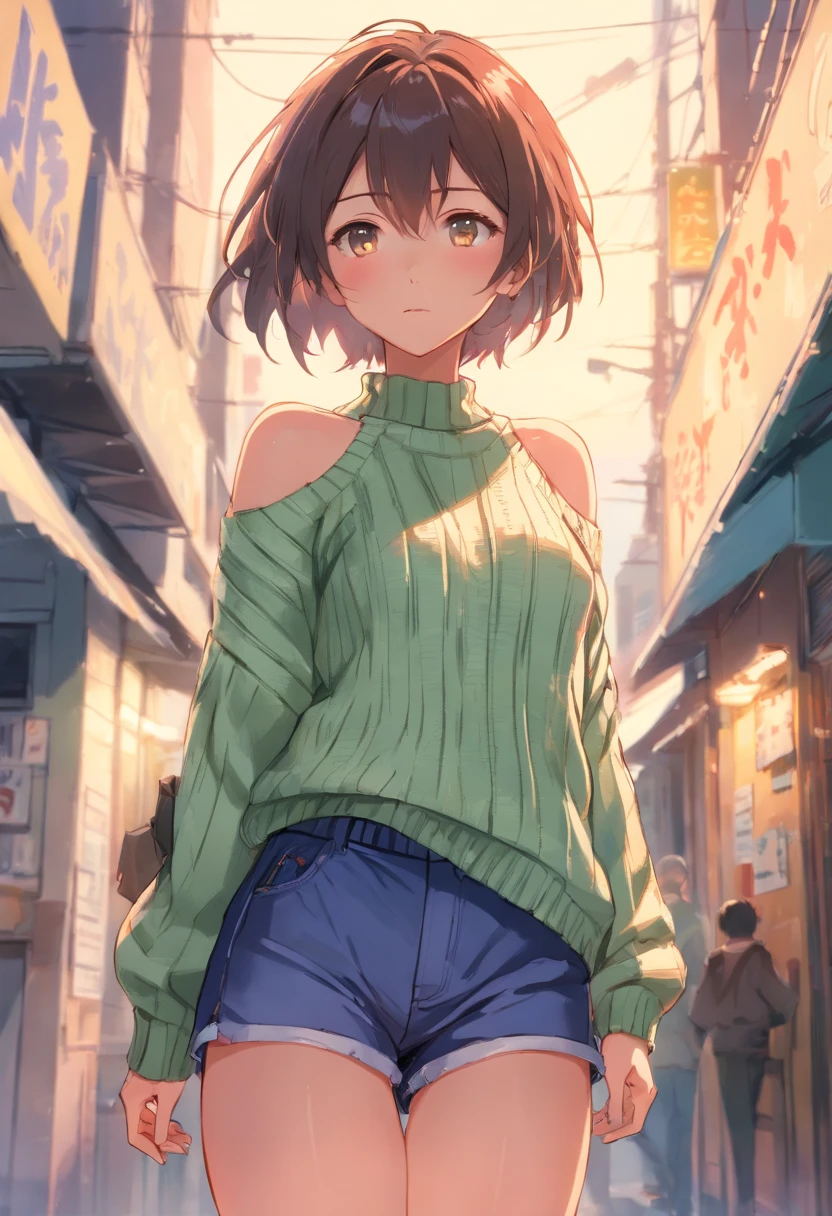 (), big ,(masterpiece), highest quality, Very detailed, (watercolor), bloom, Delicate and beautiful, figure, (From below),(One girl:1.4), (alone:1.2), Big Breasts, (Ribbed sweater:1.3), Off-the-shoulder sweater, (Short shorts:1.2), Exposing shoulders, (Underbust), ((Dark Skin:0.8)), Beautiful Eyes, (Disheveled Hair ), photograph, Over the shoulder shot, Alex Maleev, Professional, Canon Camera, Nikon Camera, sharp, Bokeh, Studio Quality, Fisheye Lens, Robert Capa ,