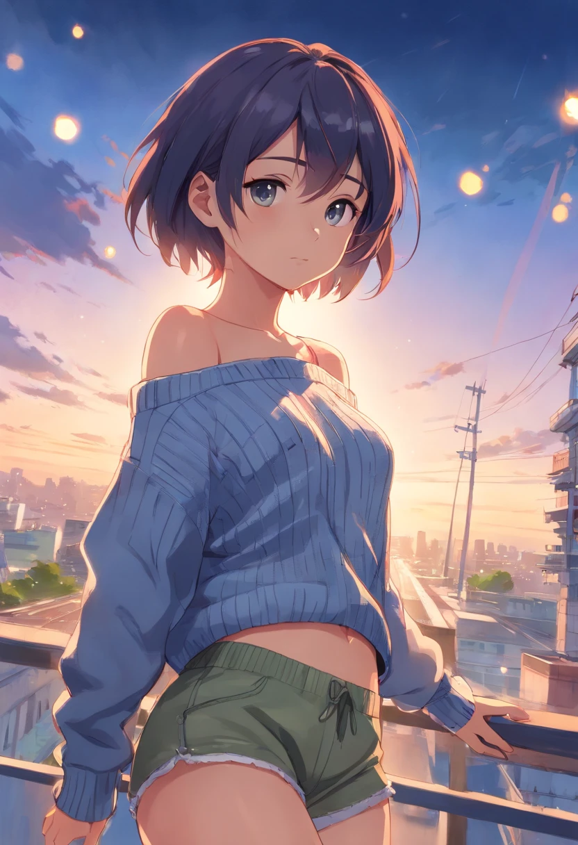 (), big ,(masterpiece), highest quality, Very detailed, (watercolor), bloom, Delicate and beautiful, figure, (From below),(One girl:1.4), (alone:1.2), Big Breasts, (Ribbed sweater:1.3), Off-the-shoulder sweater, (Short shorts:1.2), Exposing shoulders, (Underbust), ((Dark Skin:0.8)), Beautiful Eyes, (Disheveled Hair ), photograph, Over the shoulder shot, Alex Maleev, Professional, Canon Camera, Nikon Camera, sharp, Bokeh, Studio Quality, Fisheye Lens, Robert Capa ,