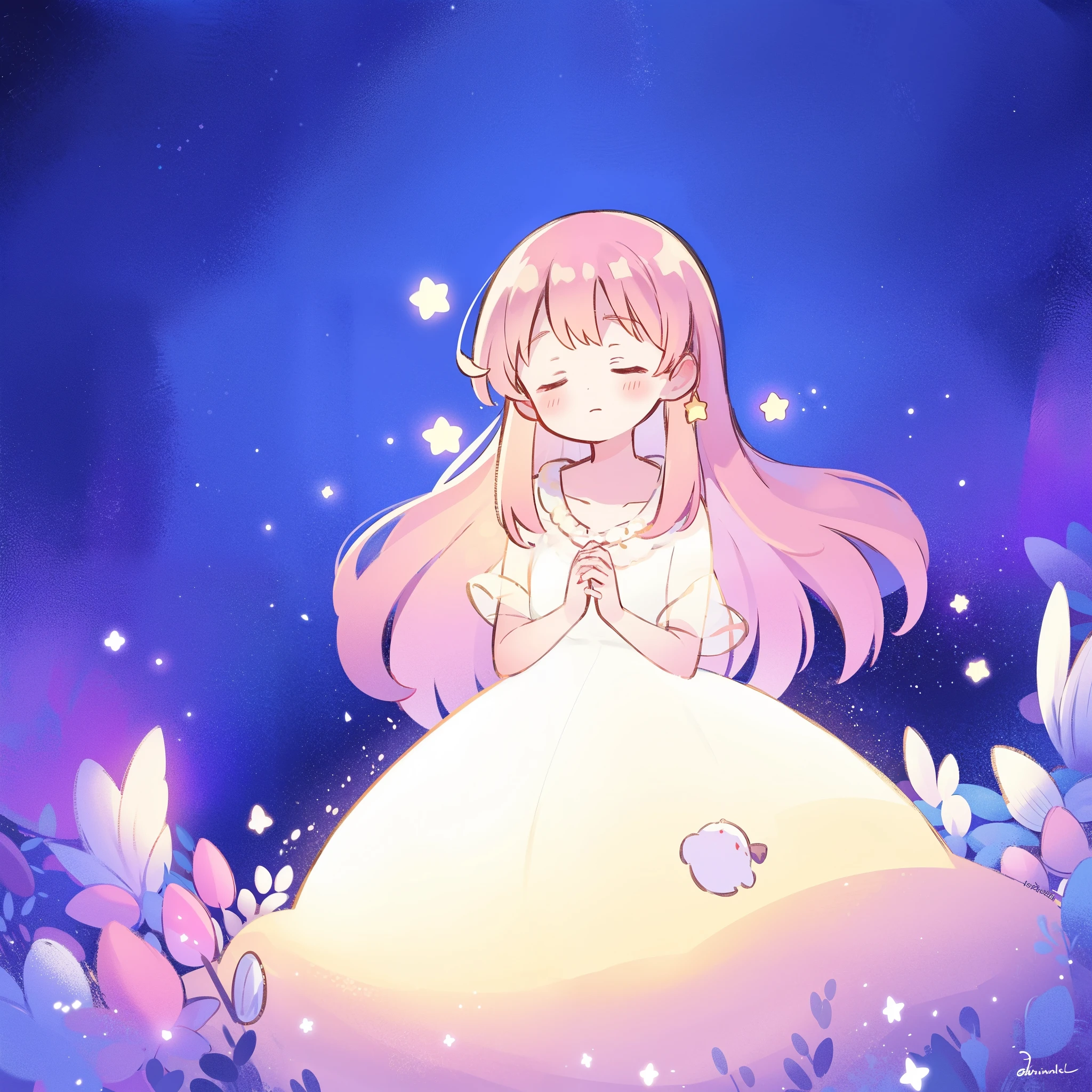complex background, wishing star background, a woman wearing an ethereal mystical pink translucent dress that reflects the stars, dreamy, peaceful, serene composition, glowing stars, glowing, complex drawing, highly detailed, ethereal, starry night, midjourney style