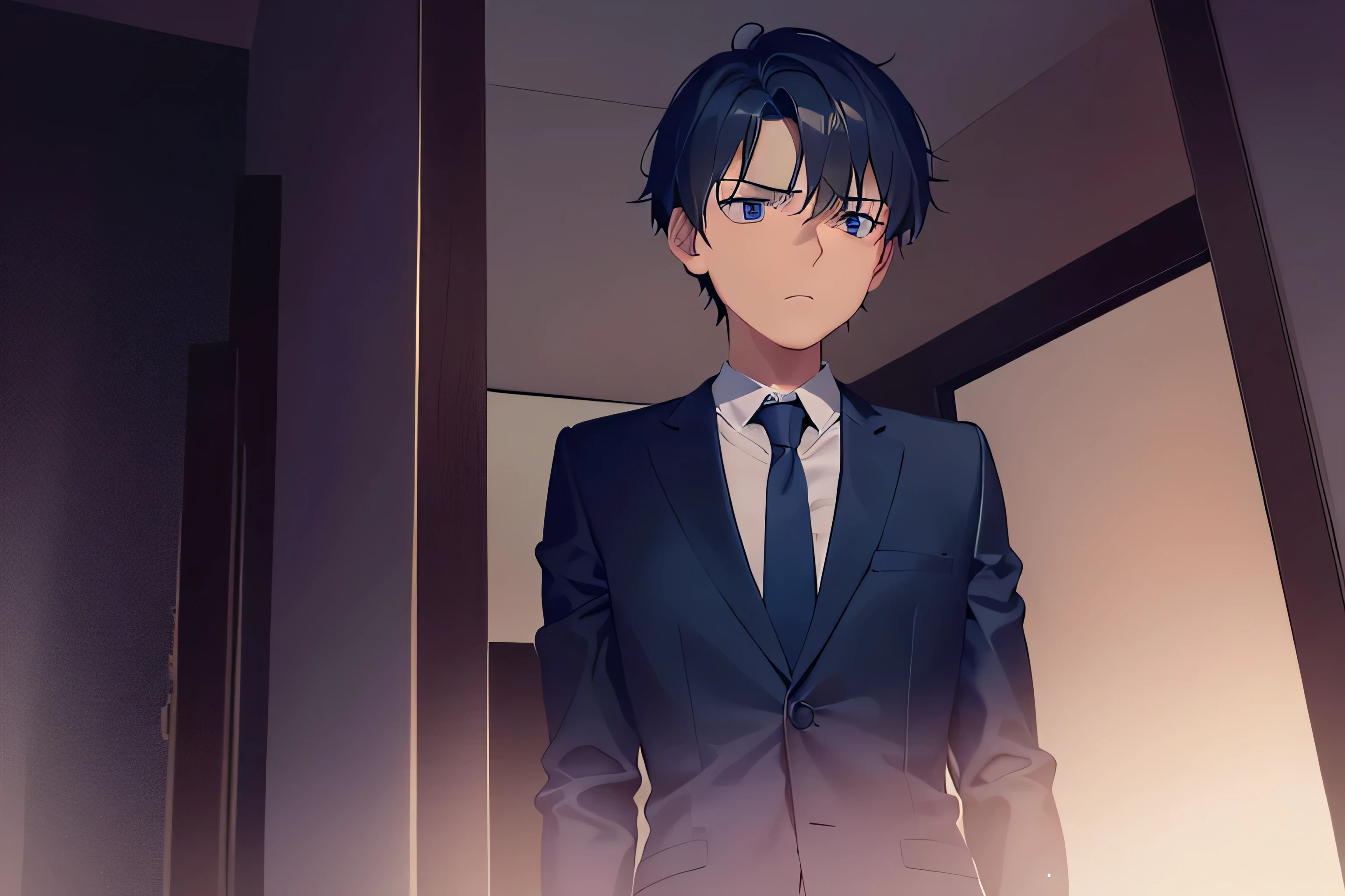 dutch angle, (looking away:2), masterpiece, high quality, 25-year-old man with short black hair and blue eyes, wearing a white shirt, wearing a dark blue tie, (Alone:2), (Expressionless:2), The background is a dark small cramped closet, bold composition, dark lighting, dim lighting, subject on left side of picture, subject looking to right of picture, hotel room, dark lighting, expressionless male, dark blue hue lighting, meek male, rolled up white sleeves, hiding in dark closet with stark contrasting light seeping through slits
