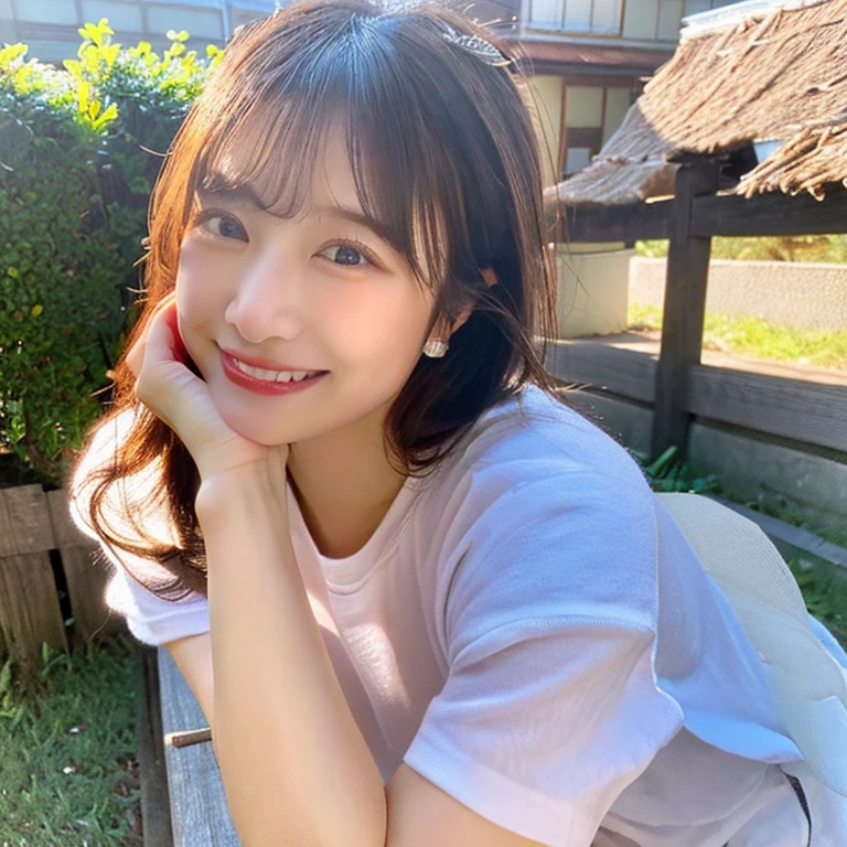 (highest quality、8k、32k、masterpiece、Ultra-high resolution:1.2)、Cute Japanese Women Photos、Laughter、Beautiful Face、(Hunchback:1.3)、squat、(From above:1.2)、(Close-up:1.4)、throw、Loose fitting T-shirt、Big ample breasts、(Beautiful nipple exposure:0.9)、outside of home、Wind、Glowing Skin、Blurred Background、