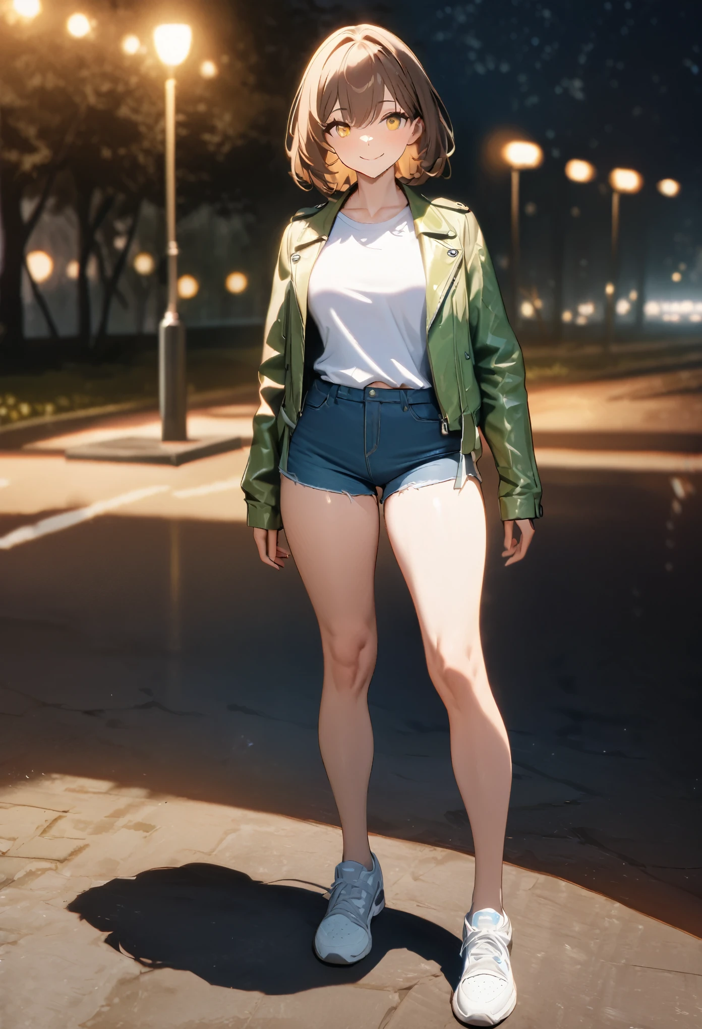 A woman wearing a light green leather jacket, wearing a tight white shirt, short denim shorts, wearing sports shoes, short brown hair, yellow eyes, smiling, walking in a park at night, with lighting in place, well-defined face, eyes perfect,full body.shadow, flower, UHD, masterpiece, accurate, anatomically correct, textured skin, super detail, high quality, best quality, 8k, high resolution, bokeh effect.( solo woman)
