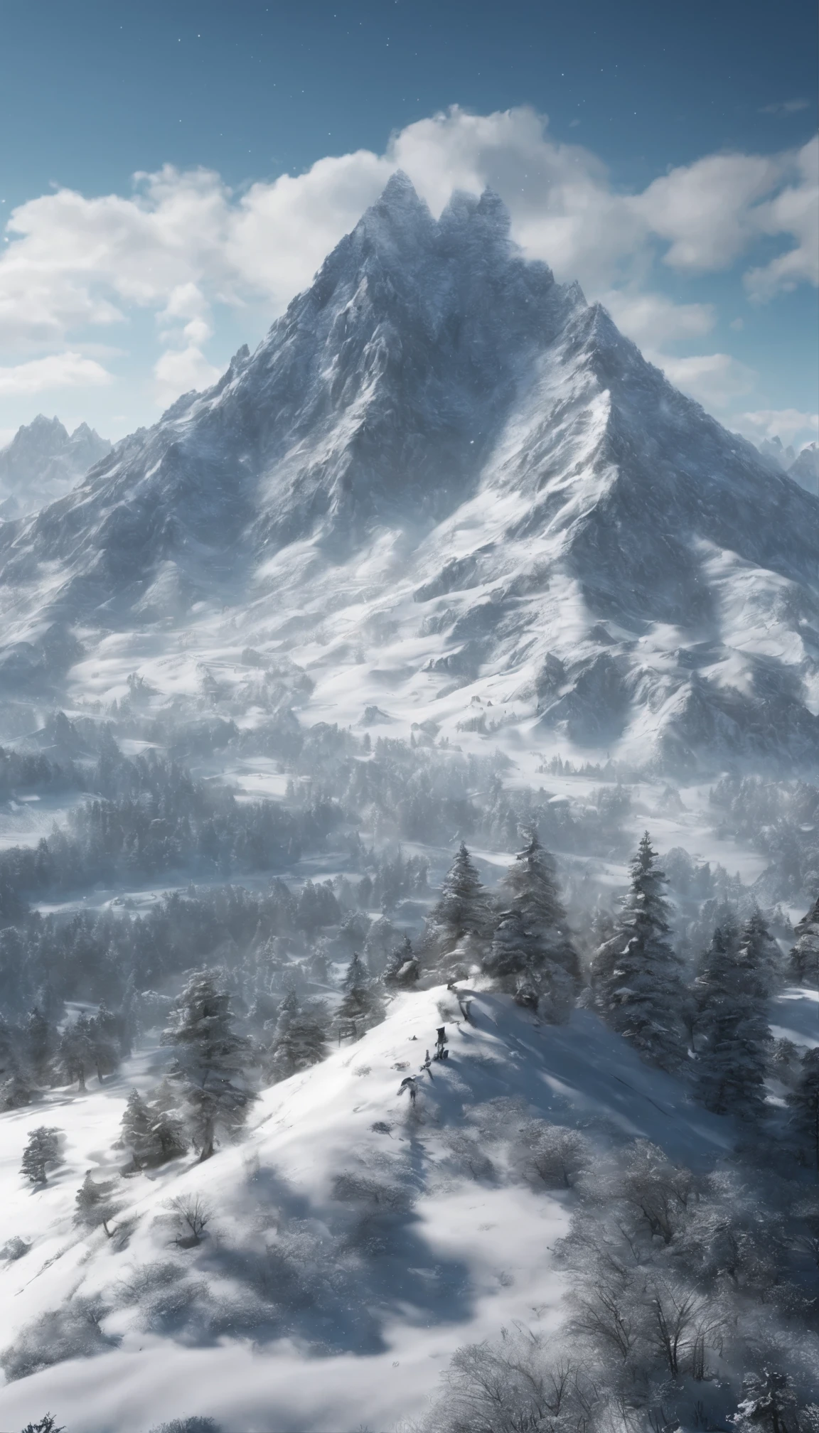 Mountain頂のふもとに優雅にたたずむ松で飾られた雄大なMountainの谷の風景、映画の光の下で輝くsnowをかぶったMountain頂が特徴です。This highly detailed 8K scene is beautifully rendered in Octane.、Boasts intricate, highly detailed elements that create a hyper-realistic atmosphere。The landscape is illuminated with HDR lighting.、Realistic shadows are elegantly cast across the terrain.、Enhances depth and three-dimensionality。Mountain、snow、The intricate details of the bark are beautifully highlighted.、It produces photorealistic images that are nearly indistinguishable from reality.。This art piece is trending