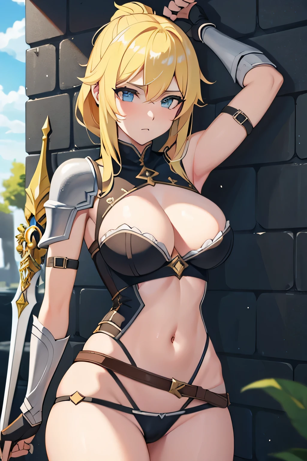 Hermosa guerrera rubia, con espada y armadura sexi