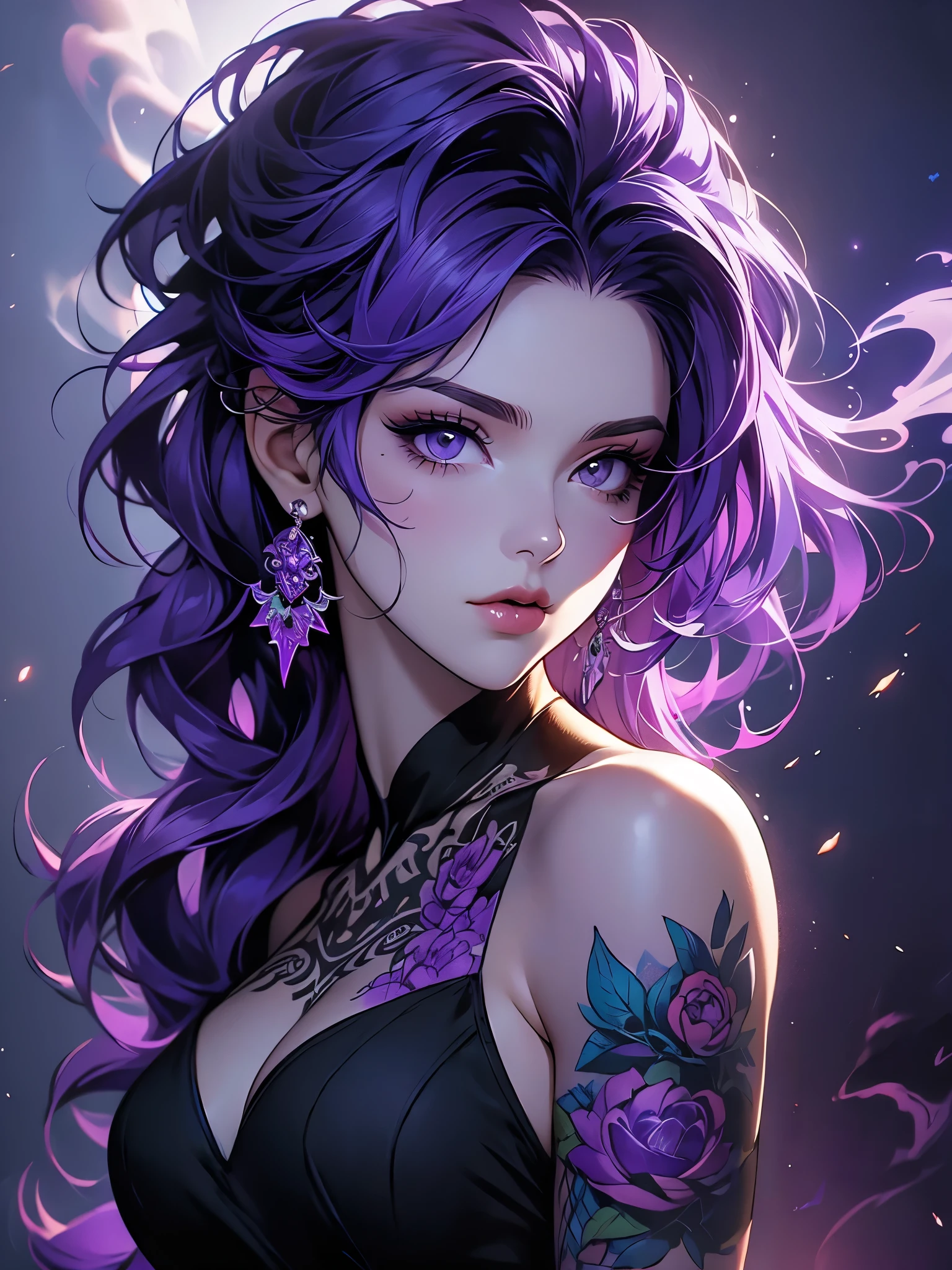 A woman with purple hair and tattoos on her arms, smoke surrounding her.