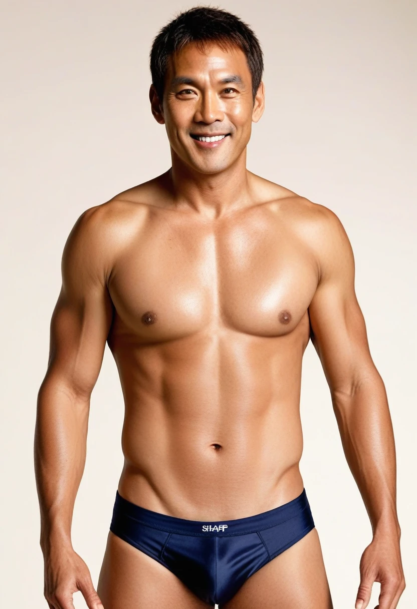 photo, 8k, sharp focus, male actor, lightbrown hair, brown skin, mixed with American and Japanese, baby face, 45yo, heavy weight male celeb, beautiful detailed eyes, short hair, center parted bangs, thick waist, large eyes, celeb, male black bikini, topless, fullbody, soft smile