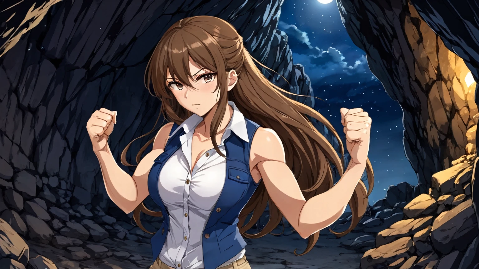 beautiful sexy anime girl with long brown hair & a muscular body, clenching her fists, fight idle pose, wearing white sleeveless button up collared shirt with a blue vest over it & beige khaki pants, inside of a dark cave in a dark night sky, 1girl