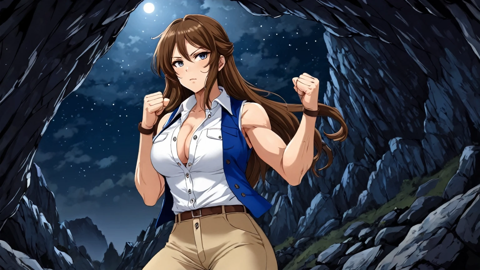 beautiful sexy anime girl with long brown hair & a muscular body, clenching her fists, fight idle pose, wearing white sleeveless button up collared shirt with a blue vest over it & beige khaki pants, inside of a dark cave in a dark night sky, 1girl