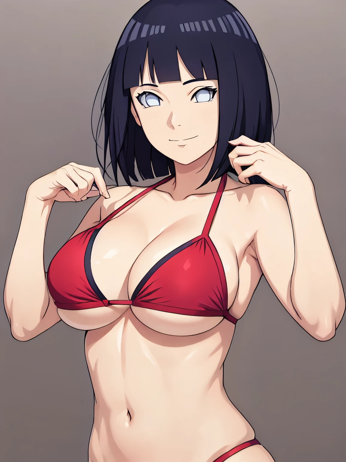 (hinata\(boruto\), (high quality, upper body view only, anime, tall woman, perfect hand anatomy, red bikini, off-shoulders, little biceps, long belly, smile), ((extremely strong)), ((shaking boobs)), (medium-big breasts, cleavage), closed mouth), (posing for the viewer), pale skin, ((floating hair, dark blue, short hair, hime cut، loose hair), (background: simple white background only), (background: simple white background only)
