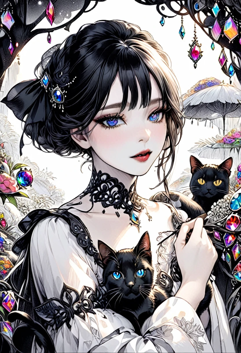 highest quality、masterpiece、Illustration in black and white only、Delicate、Detailed、Beautiful black cat、Jewel-like eyes、View here