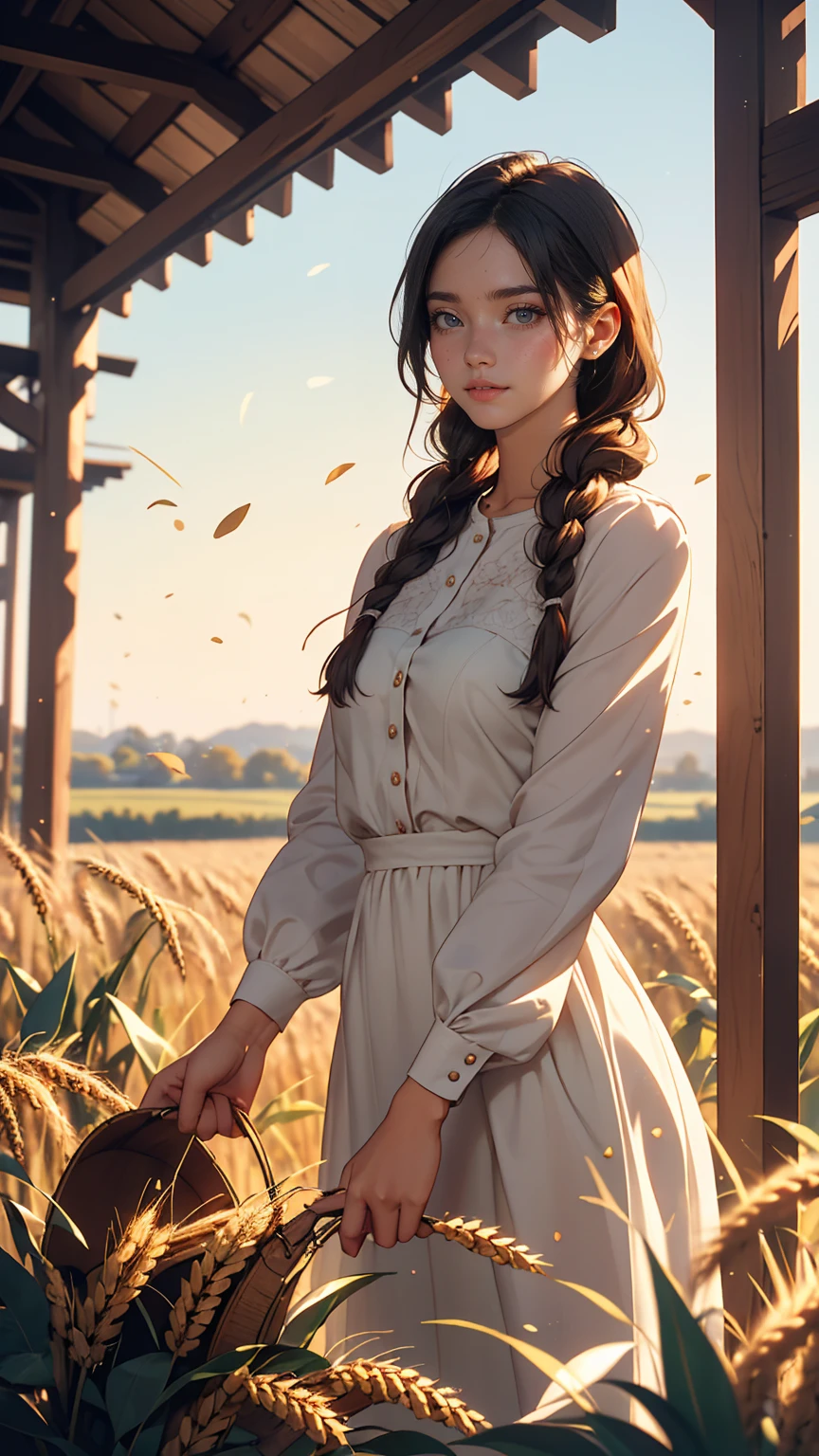One girl, 20-year-old, Tall and attractive, Wearing a cute country dress, Braided hair, Standing on a rural farm. She's gentle, A kind smile and expressive eyes. A charming barn can be seen in the background., Golden wheat fields and clear blue skies. The composition should be bathed in warm golden hour light., The soft depth of field and soft bokeh accentuate the idyllic tranquility.. Capture images that look like they were shot on vintage 35mm film for added impact, movie,