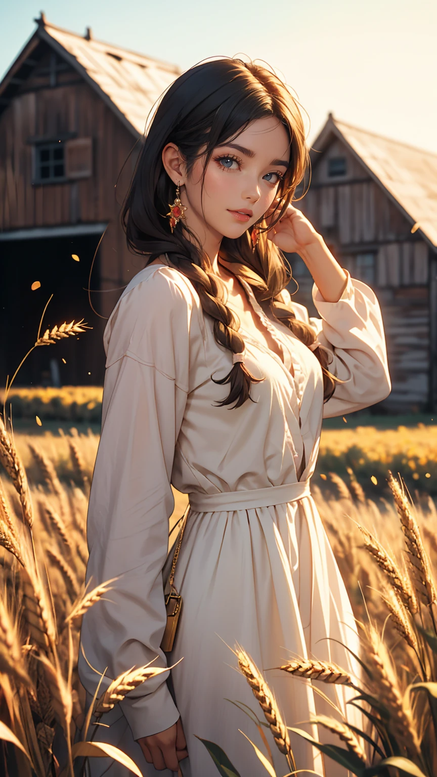 One girl, 20-year-old, Tall and attractive, Wearing a cute country dress, Braided hair, Standing on a rural farm. She's gentle, A kind smile and expressive eyes. A charming barn can be seen in the background., Golden wheat fields and clear blue skies. The composition should be bathed in warm golden hour light., The soft depth of field and soft bokeh accentuate the idyllic tranquility.. Capture images that look like they were shot on vintage 35mm film for added impact, movie,