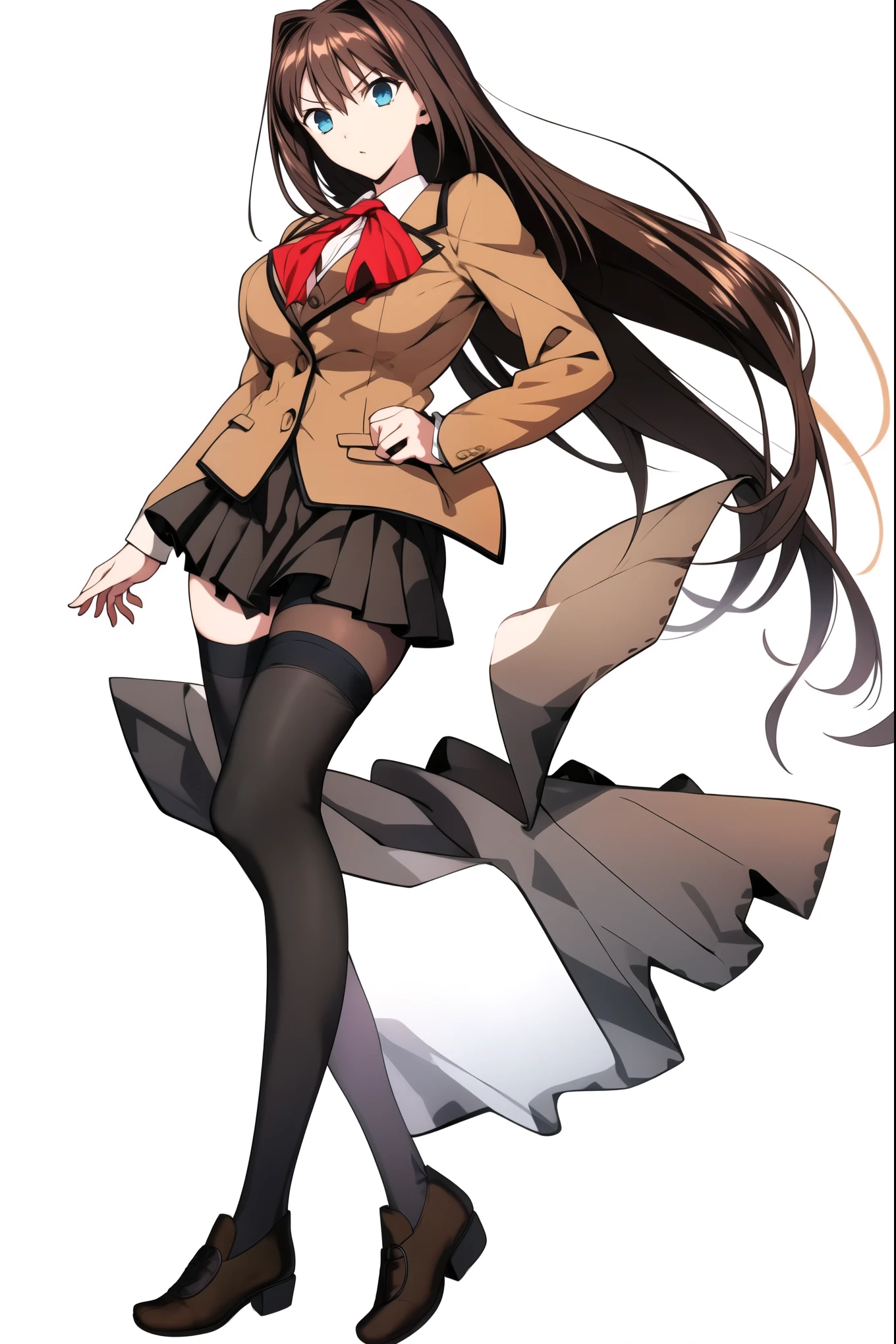 8k, highest quality, highest detail, AokoSchoolUniform, 1girl, solo, 2 legs, (chestnut-brown hair with slightly reddish undertone), perfect face, red neckerchief, beige blazer, (large breasts:0.7), (well formed breasts:0.1), nice hips, (Umber pleated-skirt:1.4), (black spandex shorts), (nice thighs:1.5), (black thigh-high hosiery:1.6), (brown Strap-Shoes), shoes visible, standing straight, (((Full body in frame))), (white-empty background:1.4), completely empty background,