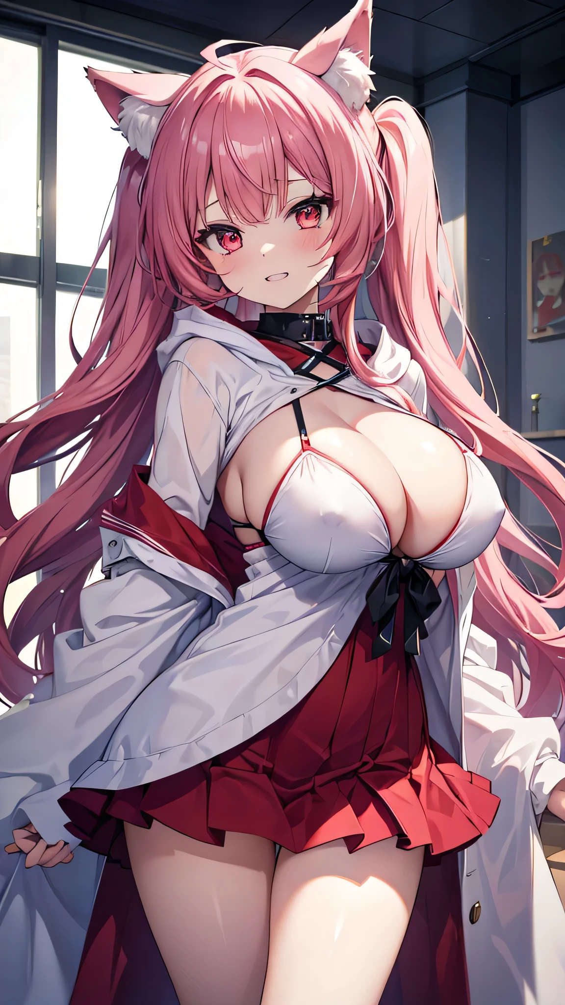 Wolf Woman, Big Breasts, Voluminous light red hair, One girl, masterpiece , Red eyes、Double teeth、tooth、Blushed cheeks、 hd, Head to Chest, buried in my chest、Underbust、Cleavage、Frilled bikini、Open your mouth wide、Grin、White Iris、Nekomimi Hoodie