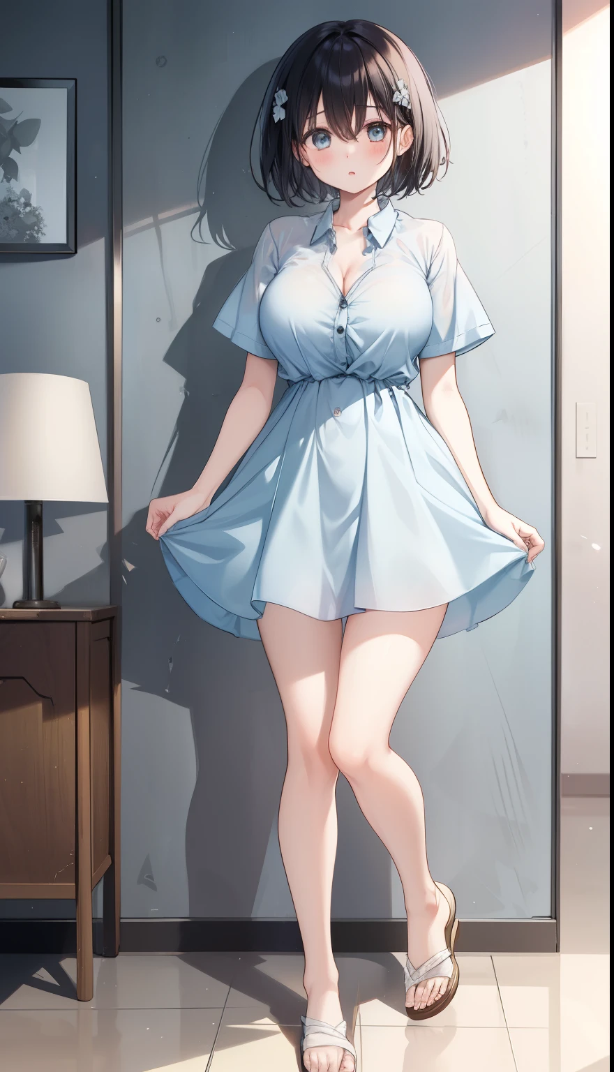 One Girl、positive、Standing posture、Full body portrait、Black Hair、Medium Haircut、blush、Absolute area、No panties、No bra、barefoot、Light blue dress、（Very large breasts）、Cleavage、((Lesbians around the world))、masterpiece、（highest quality）、
Panties around the ankles、White heel sandals、Shirt buttons fly off、Unbutton your shirt、Exposing the breasts、