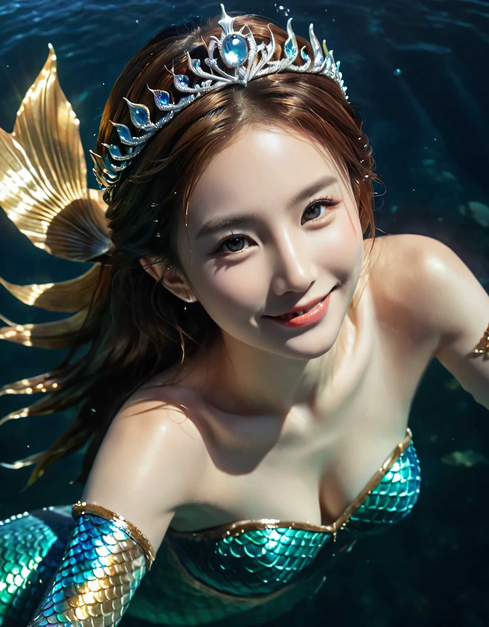 A mermaid with a beautiful fish tail, wearing a crown, bling bling, dreamlike lighting and shadows, emerging from the dark waters, viewed from above, beautiful, smiling, detailed facial features, intricate scales, shimmering skin, dramatic lighting, photorealistic, 8K, hyper detailed, masterpiece, fantasy, concept art