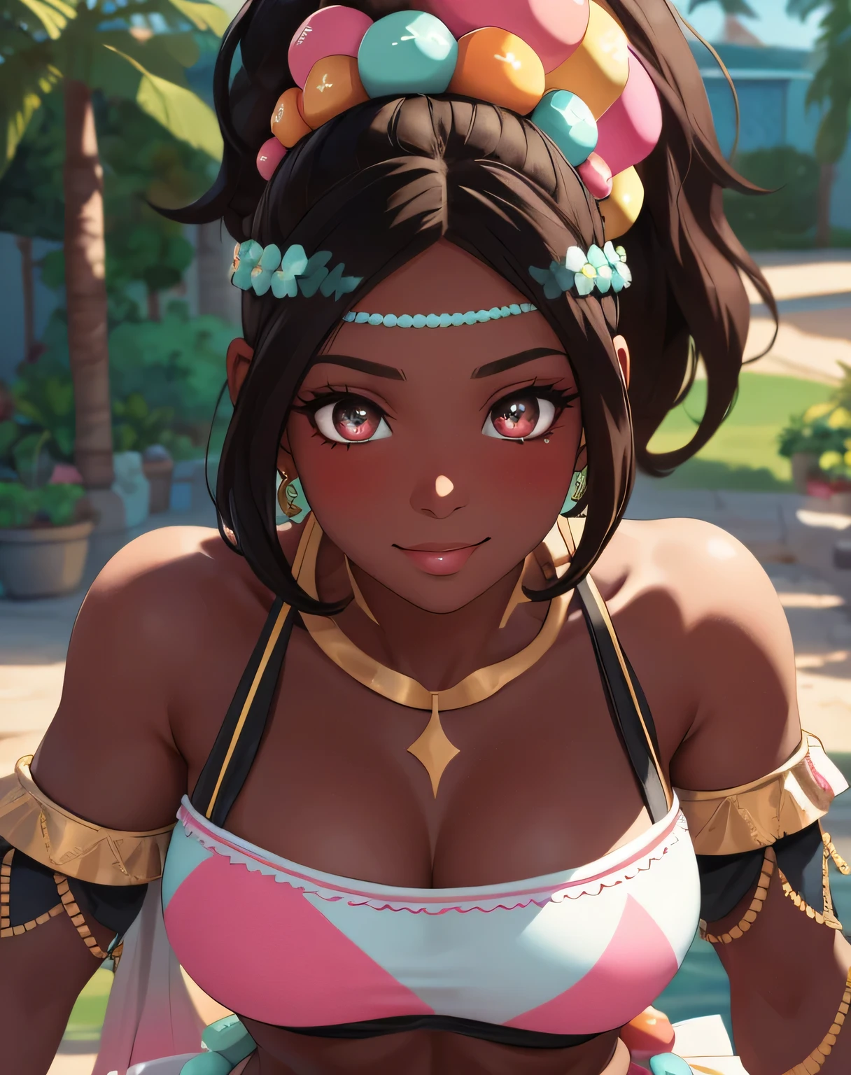 timerra, hair ornament, multicolored beads, crop top, frilled skirt, bracelet, sandals, (masterpiece, best quality, ultra-detailed), realistic style, garden 2.0, looking at viewer, blushing, beautiful eyes, very beautiful face, earrings, beautiful body, cheerful, sexy smile, cute nose, sexy smile, luscious lips, very heavy eyeshadow, very heavy makeup, round face, very glossy lips, very pouty lips, very pretty, very athletic, fitness model body, very thick, very muscular thighs, very wide hips, very sexy, very beautiful woman, very close up shot 2.0, facial shot 2.0