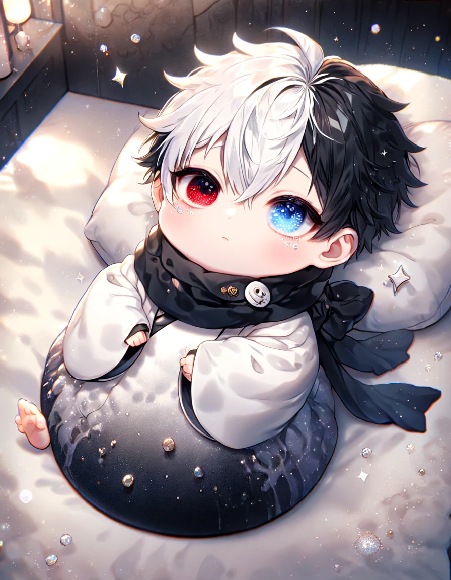 absurdres, highres, ultra detailed, HDR, master piece, best quality, extremely detailed face and eyes, Gojo Satoru as a baby, solo, cute, short hair with bangs, hair between the eyes, he has two different hair colour, bicolored hair, right half black hair, left half white hair, heterochromia, right eye red, left eye blue, white eyelashes, Jujutsu Kaisen, black scarf, white haori, black kimono, room, bed, lying on the bed, pillows, sparkling, shining 