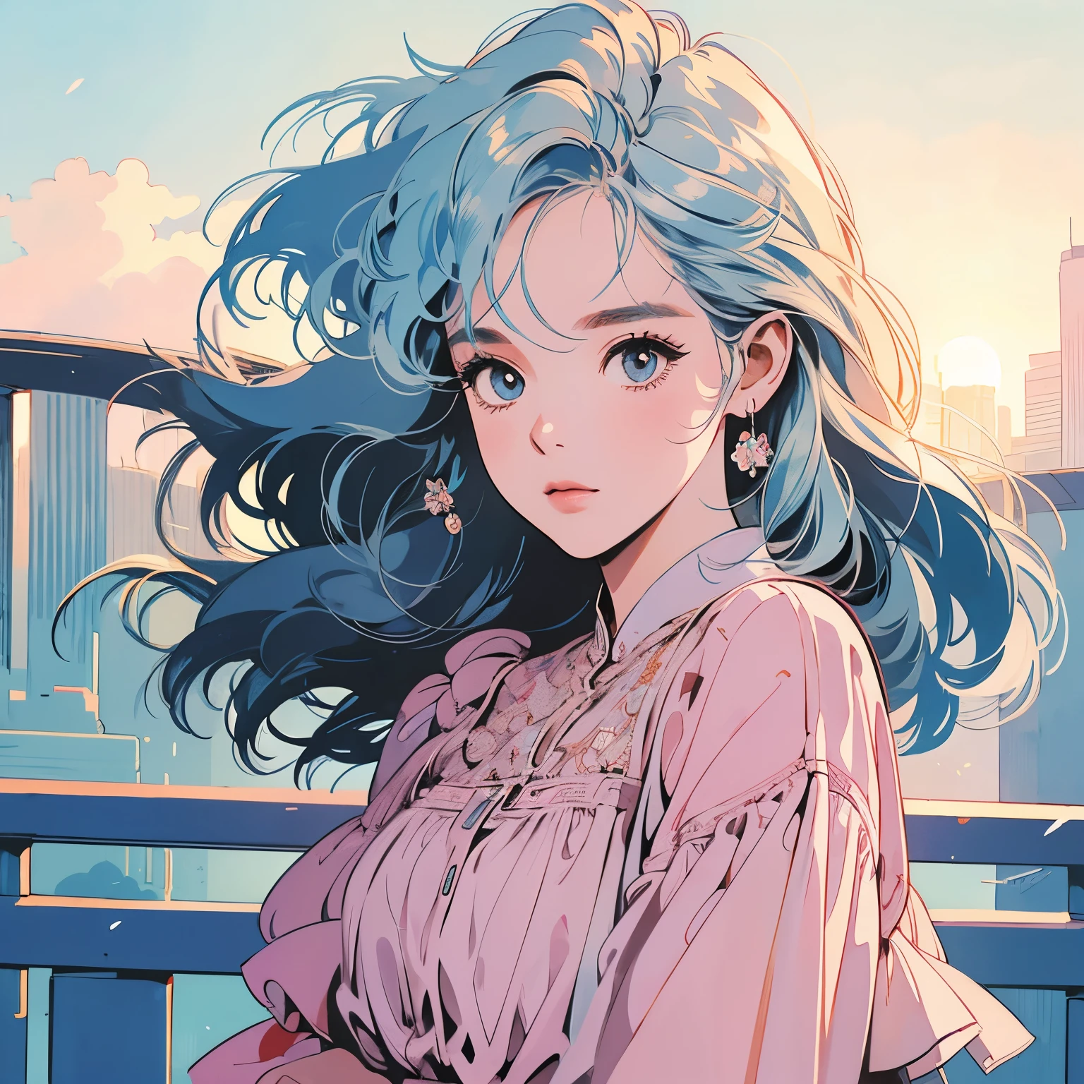 whole body、Kind Face、1 pretty woman、White blouse、Pedestrian bridge、skyscraper、Sunset、Complex background、Detailed Hair、Light blue hair、Faint lighting、There is movement