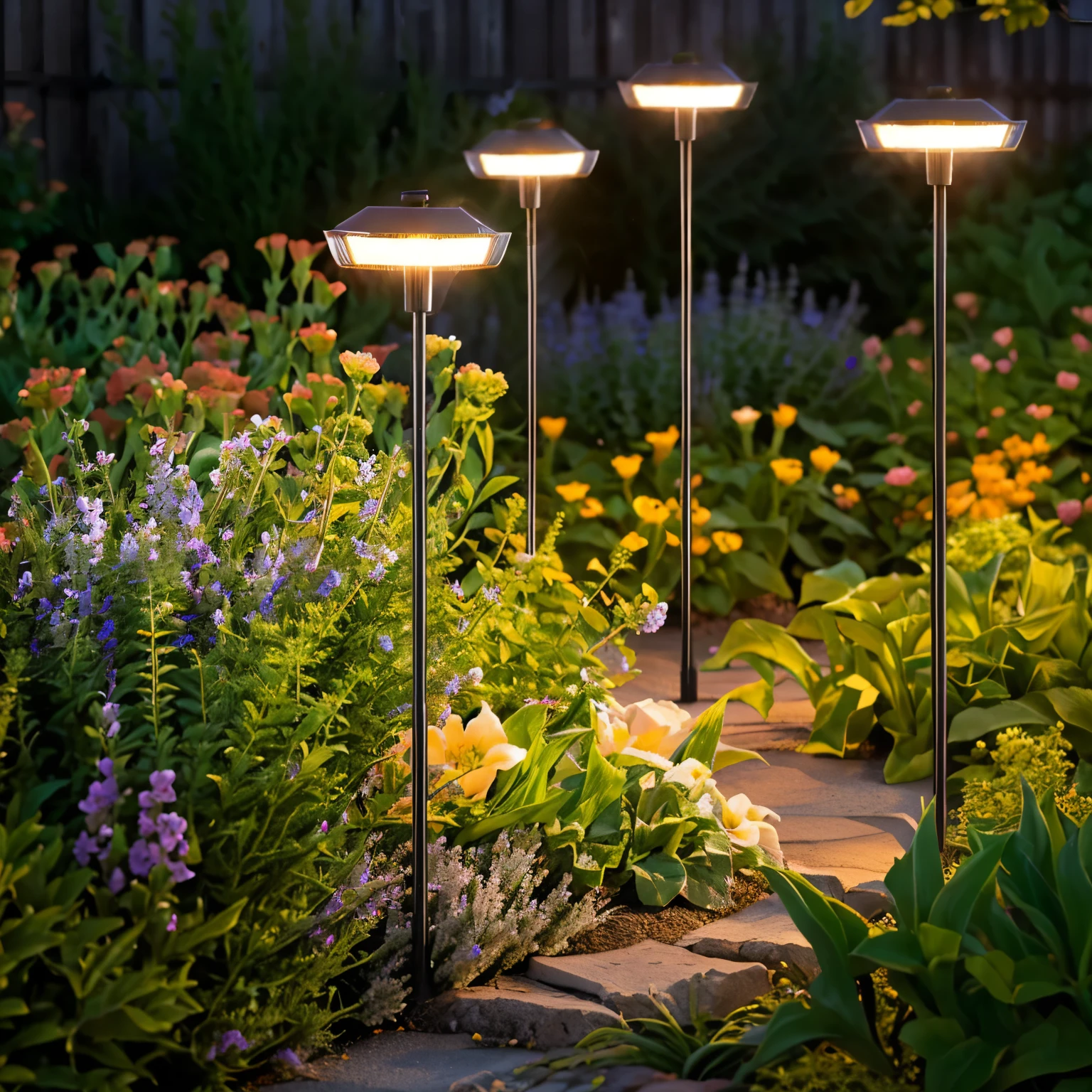 Close up of three lamps in the garden，Flowers blooming in the garden, outdoor lighting, outdoor lighting, Summer lighting, soft blur outdoor lighting, outdoors at night, soft filtered outdoor lighting, lamps on ground, Sun lighting, Blooming Lights, Light up the area, Natural lighting, sunset raked lighting, bright vivid lights, Ambient lighting at night, Night lighting, Fascinating lighting
