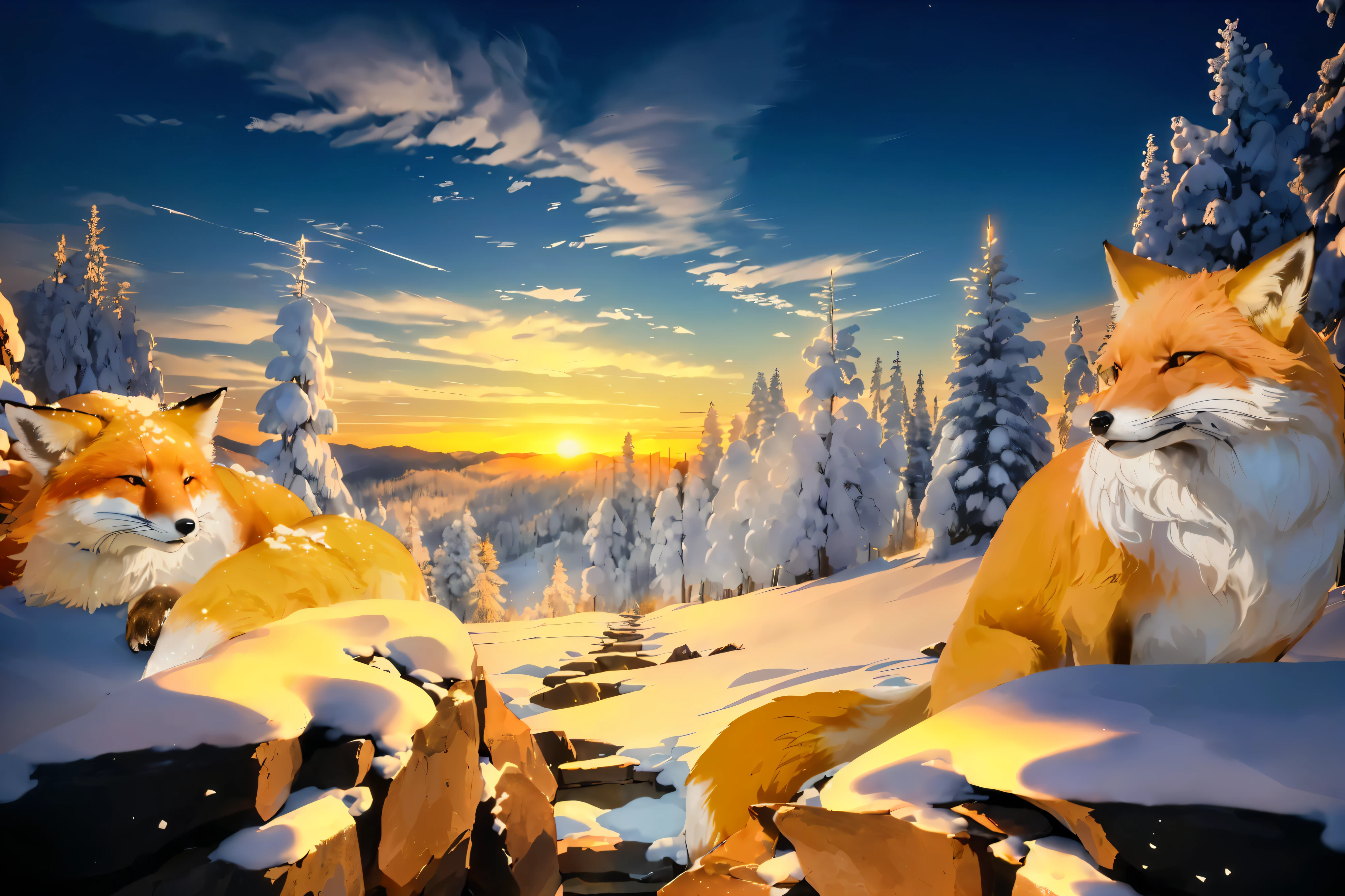 (masterpiece, highest quality, (Highly detailed CG synthesis 8k wallpaper), (highest quality), (Best illustrations), (Best Shadow),),( Cinematic sunlight in the morning on Snow Mountain、Bright and warm sun rays、Fresh shallow stream of clear blue color、 Snow Mountain,Snow Mountain landscape illuminated by the morning glow,Countless rocks covered in snow,Snowy white coniferous forest,The sun begins to rise over the horizon,Snow scenery shining in the morning sun,Snow-capped coniferous forest,),(Two foxes、(A fox illuminated by the morning glow,A fox dozing on the snow with its eyes half open,Only the front legs are visible,The front legs are black、),(Rin with her eyes half-open on the rock々A fox in distress,legs are not visible,)),,