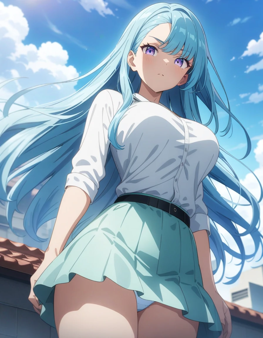 masterpiece, best quality, very aesthetic, absurdres, 1girl, beautiful face, tsurime, asymmetrical bangs, pastel blue hair, long hair, straight hair, large breast, white shirts, mini skirt, rooftop, strong wind, panties, anime artwork, highly detailed, cowboy shot, looking at viewer, from below