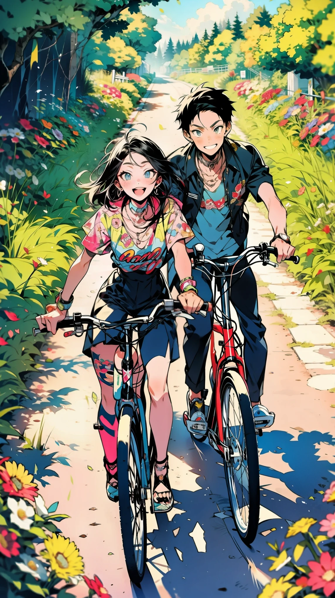 thin outlines, anime style, cool and edgy, A young couple riding bicycles along a sunlit country road, surrounded by blooming flowers and lush greenery, their faces beaming with happiness. Bright, vivid colors, cinematic angle, high detail, nostalgic, fashionable, posing, colorful, confident, expression, accessory, coiled, around, stylish, striking, modern, fashion