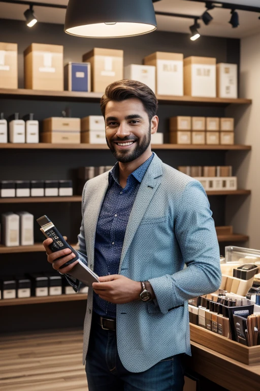 A livestream retailer standing confidently in a modern, well-lit studio, dressed in a professional business attire. The retailer is mature, exuding trustworthiness and professionalism, with a friendly and approachable demeanor. The background includes shelves neatly organized with products, a professional camera setup, and soft ambient lighting enhancing the scene. The retailer is engaging with the audience, smiling and holding a product while explaining its features. The image should have intricate fine details, hyper-realistic textures, and a warm, inviting atmosphere. HDRI for dynamic lighting, 32k UHD resolution, rendered with Blender, capturing every nuance of the scene.