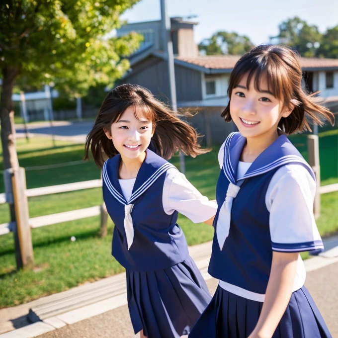 (masterpiece,highest quality,超A high resolution),Japanese women, Very beautiful 17 year old girl, Ubu no Girl、(Perfect limbs、Perfect Anatomy),((Bob Hair)).かわいいSailor suit、半袖Sailor suit、Navy Blue Skirt、pure white、Beautiful Skin、Watery eyes、Sparkling brown hair、The colors and landscapes of youth、Feeling of love、huge 、恥ずかしそうなsmile、go to school、morning, (run and jump)、Schoolyard、Cheerfully、smile、skip、Teenage Girls　Japanese　Realistic　10 generations　　Background Blur、Sailor suit、blue sky