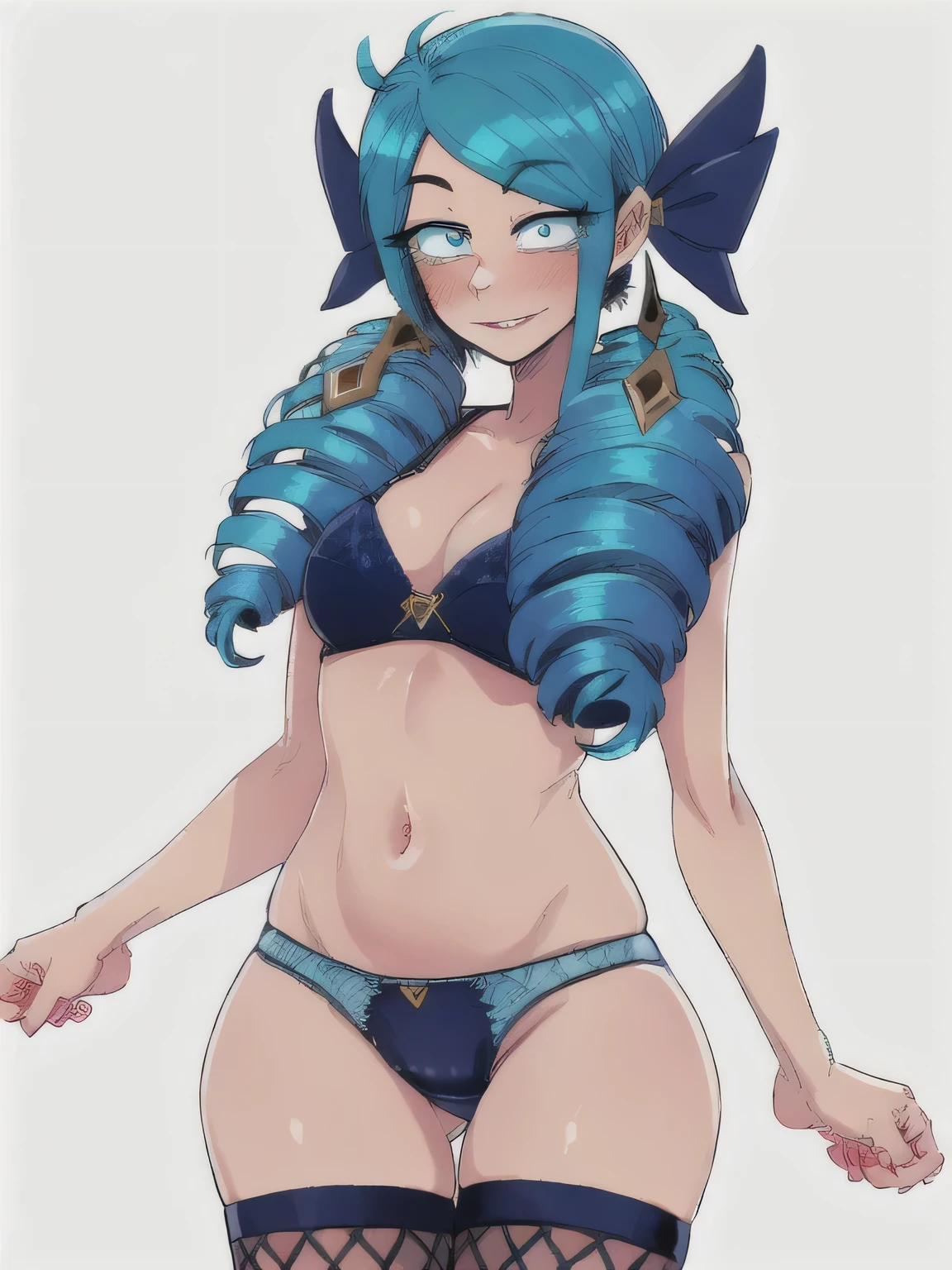 1 Girl, Blue eyes, blue hair, Drill hair, gwen \(League of Legends\), in blue underwear, hair ornament, a high resolution, League of Legends, long hair, parted lips, pink pupils, smile, X, X hair ornament,