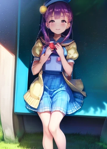 Yuriko did it (A million people live), 1 girl, alone, highest quality, Tabletop, 8k, High resolution, Super detailed, Outdoor、Daytime, Light Smile, Light blue dress, Sailor Color Dress, Short sleeve, Puffy sleeves, Yellow cardigan,