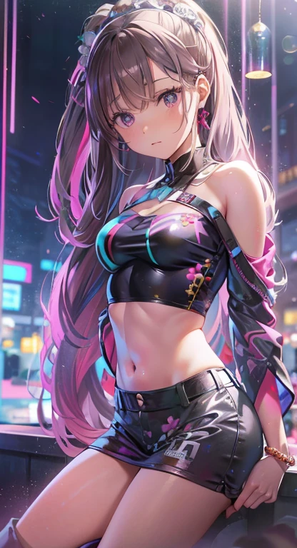 Emilia re:zero, Purple eyes, Emilia, Crown Blade, x Hair accessories, Flower Hair Ornaments, Gray Hair, Long Hair, Medium chest, ((masterpiece)), highest quality, Absurd, Super detailed, Holographic, Cowboy Shot, Golden Ratio, Very cute girl, Mature Girls, idle girl, Super beautiful Asian girl with gorgeous purple eyes, Beautiful shiny brown multicolored hair, High Ponytail, nice and sexy body, The body is slim, Perfect body, Wearing a super tight anime print leotard, Super tight off-the-shoulder long sleeve crop top with anime print, Super beautiful transparent mini jacket, Beautiful hair ornaments, pink jordan tennis, Being photographed at a store in a shopping mall, With my handsome, skinny boyfriend, Black, unkempt, shiny hair and super casual clothing