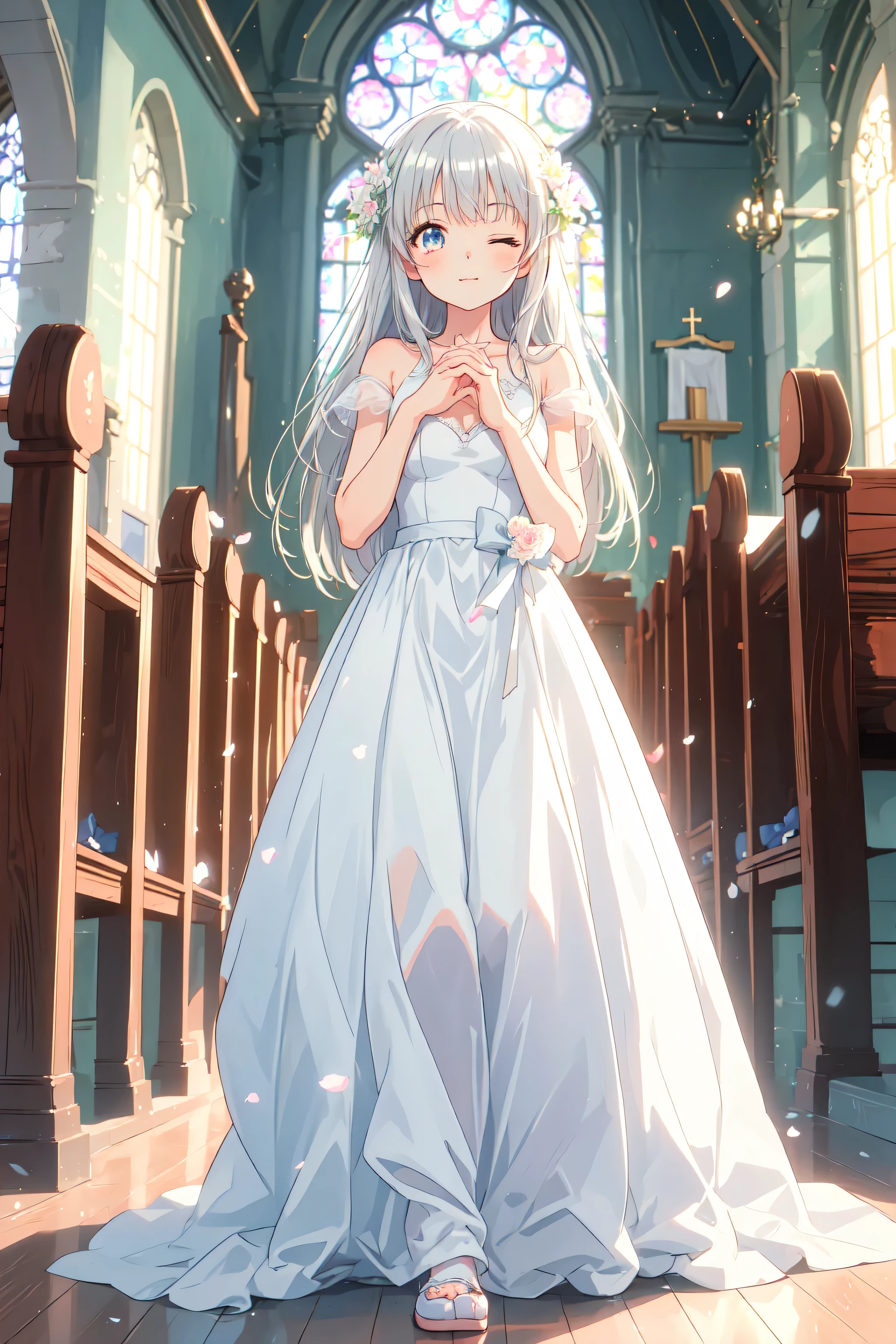 ((highest quality)), ((masterpiece)), (detailed), Perfect Face ,masterpiece, best quality, extremely detailed, anime, 1girl, silver hair, 8K, longhair,colorful,Wedding dress,small breast,perfect face, moe, kawaii,cute,dress,spectacular view, full body, own hands clasped, day,eyes closed,church