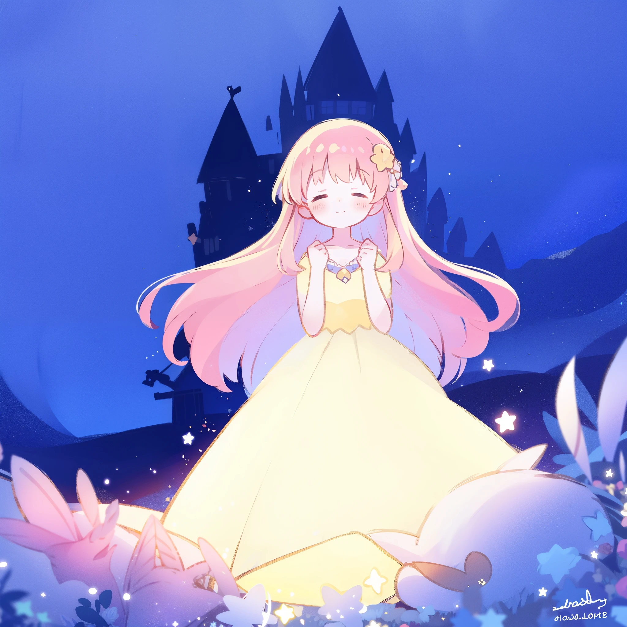 complex background, wishing star background, a woman wearing an ethereal mystical pink translucent dress that reflects the stars, dreamy, peaceful, serene composition, glowing stars, glowing, complex drawing, highly detailed, ethereal, starry night, midjourney style