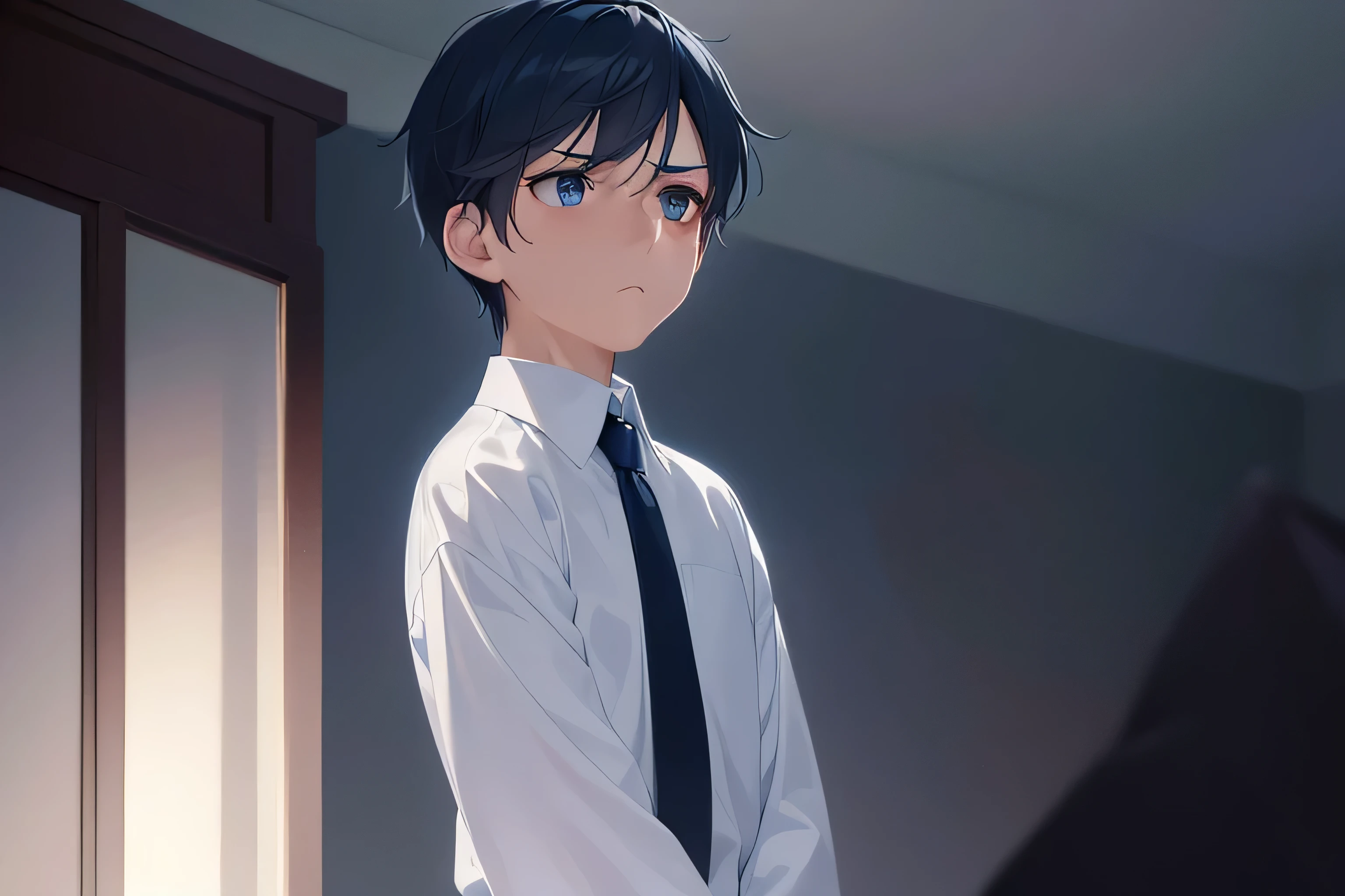 dutch angle, (looking away:2), masterpiece, high quality, 25-year-old man with short black hair and blue eyes, wearing a white shirt, wearing a dark blue tie, (Alone:2), (Expressionless:2), The background is a dark small closet, bold composition, dark lighting, dim lighting, subject on left side of picture, subject looking to right of picture, dark lighting, expressionless male, dark blue hue lighting, meek male, rolled up white sleeves, hiding in dark closet, stark contrasting light, small bright highlights, dark shadows, windowless