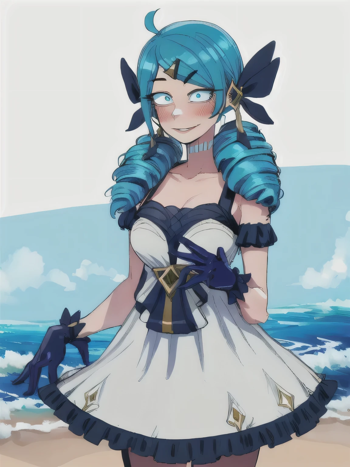 beach, 1 Girl, absurdity, black a gift, black gloves, Black Stockings, Blue eyes, blue hair, a gift, clavicle, dress, Drill hair, frilled dress, frill, gloves, gwen \(League of Legends\), hair ornament, a high resolution, League of Legends, long hair, parted lips, puffy sleeves, pink pupils, smile, One, white dress, X, X hair ornament, lifts her skirt, blue panties visible
