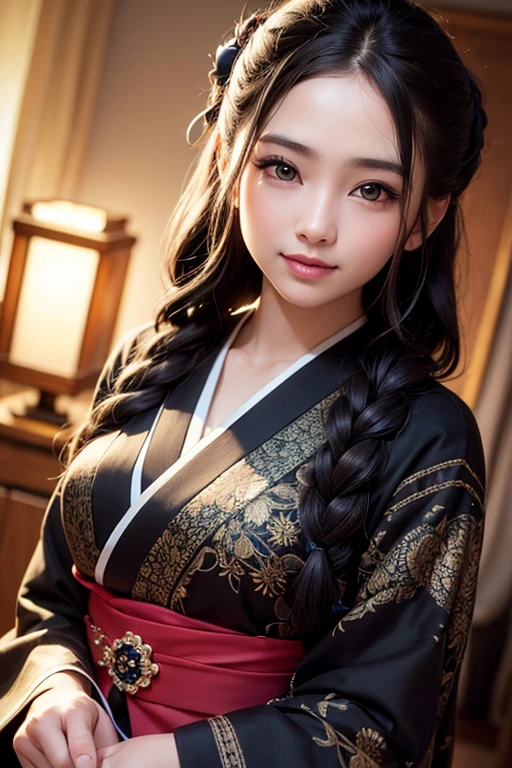 photo realistic bokeh portrait of a beautiful 18-year-old Japanese girl, hair in french braid, wearing a black textured kimono with floral elements, searing look, big eyes, gorgeous lips, kissy face, smile, clear skin, rim lighting, studio
