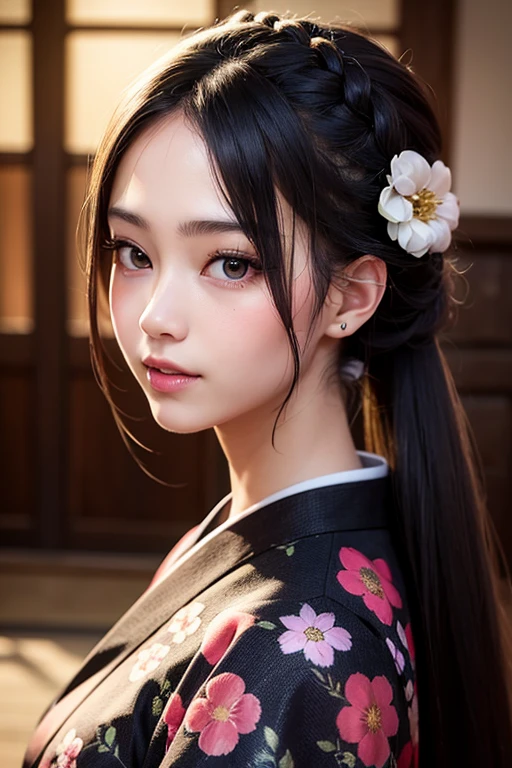 photo realistic bokeh portrait of a beautiful 18-year-old Japanese girl, hair in french braid, wearing a black textured kimono with floral elements, searing look, big eyes, gorgeous lips, kissy face, smile, clear skin, rim lighting, studio
