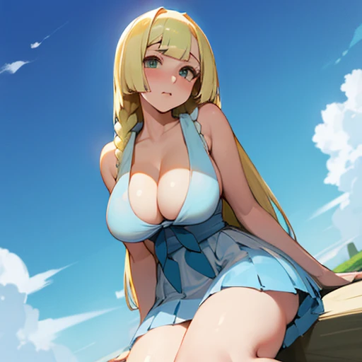 Lillie from Pokémon, large , large thighs, lusty eyes, cleavage