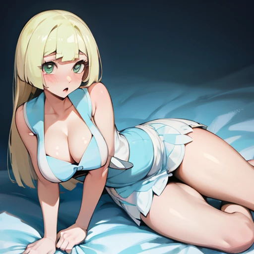 Lillie from Pokémon, large , large thighs, lusty eyes, cleavage